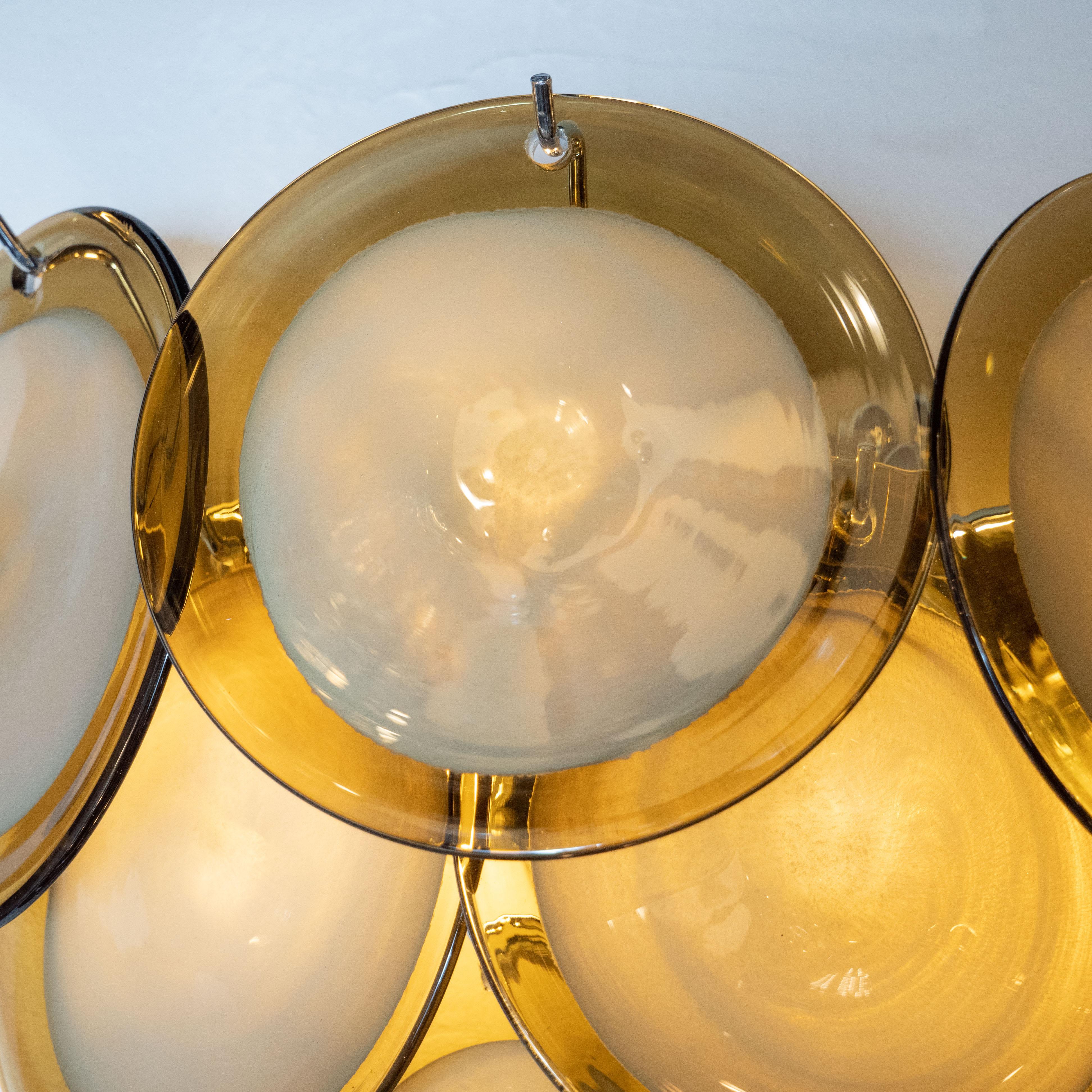 Italian Pair of Modernist 9-Disc Hand Blown Murano Topaz & Translucent Glass Sconces For Sale