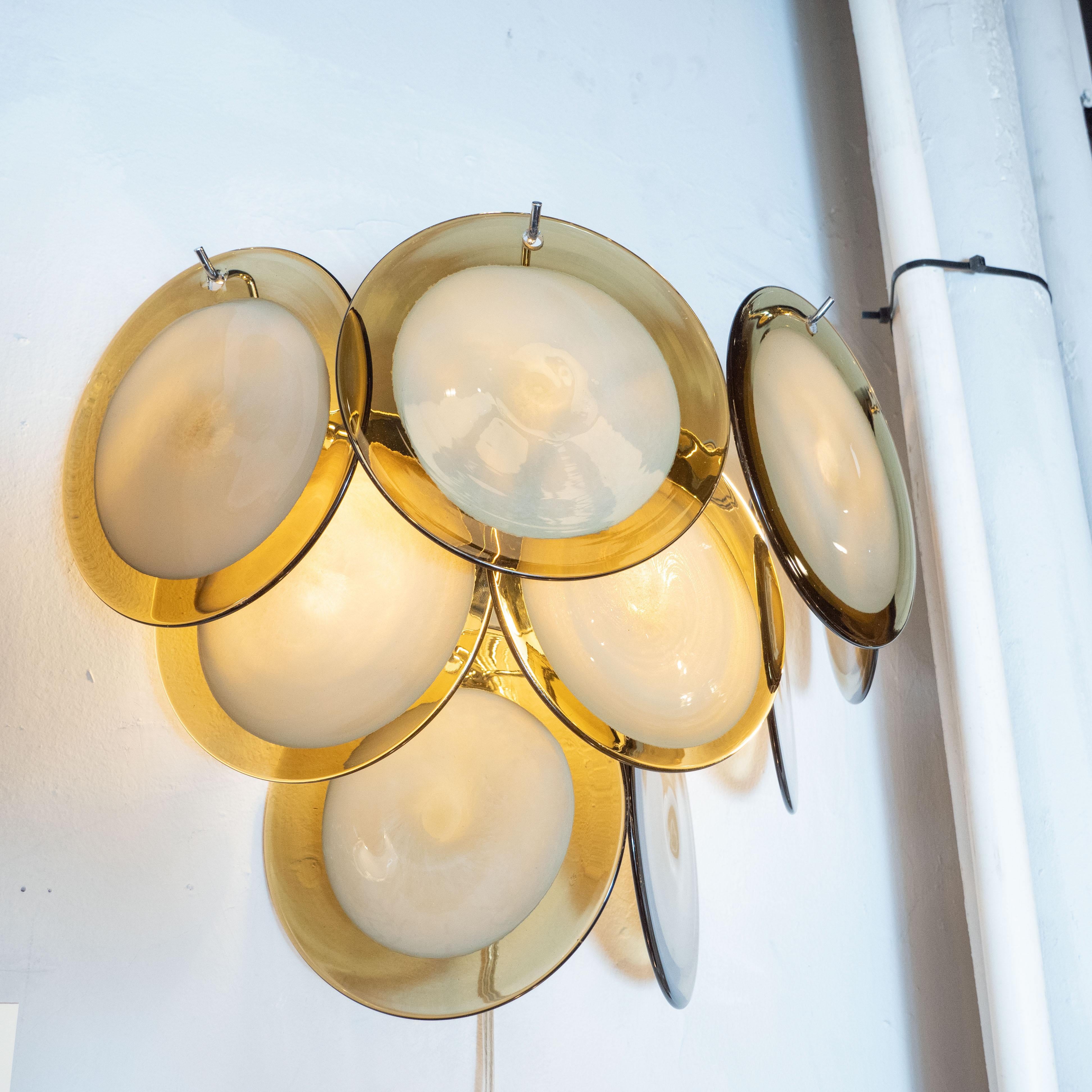 Pair of Modernist 9-Disc Hand Blown Murano Topaz & Translucent Glass Sconces In Excellent Condition For Sale In New York, NY