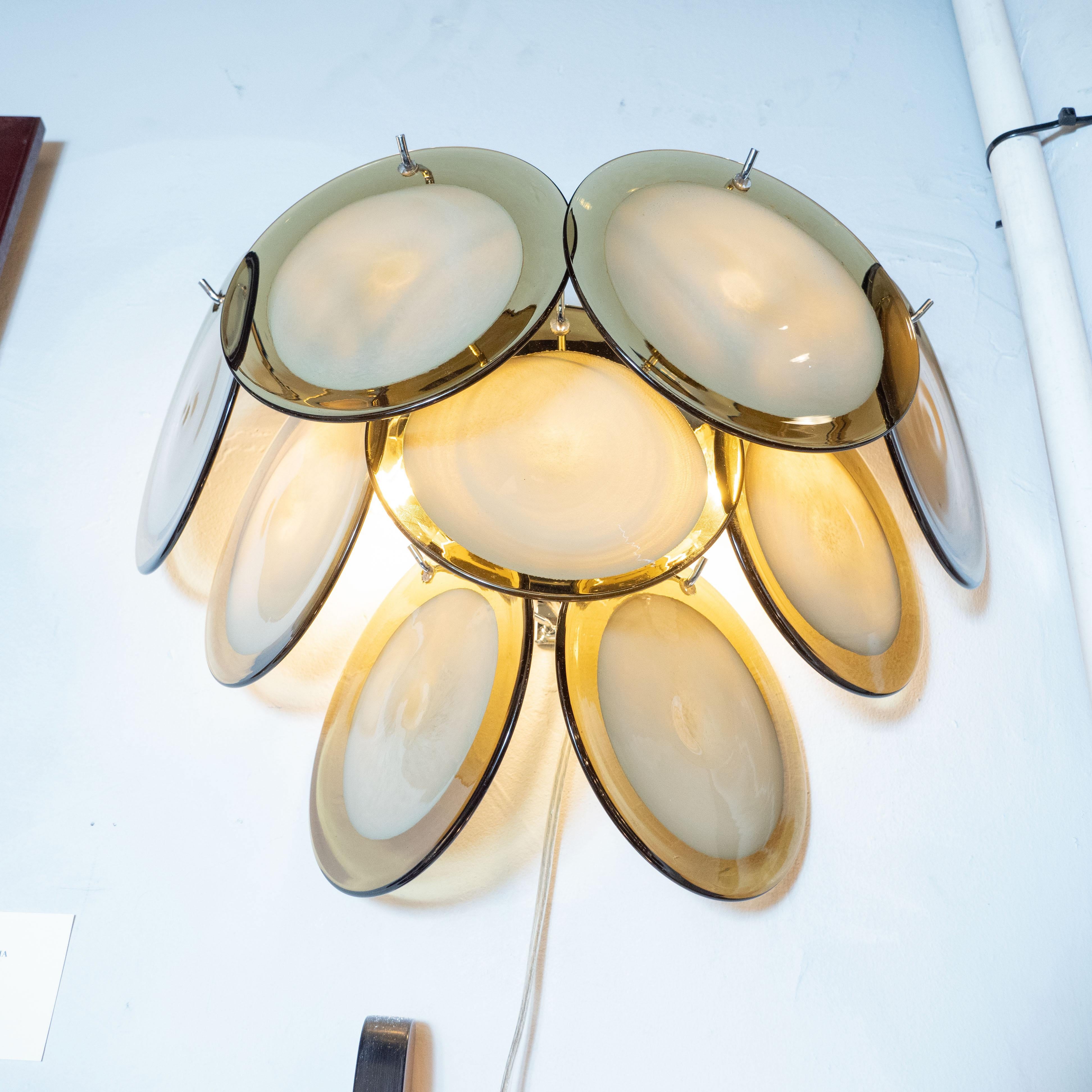Contemporary Pair of Modernist 9-Disc Hand Blown Murano Topaz & Translucent Glass Sconces For Sale