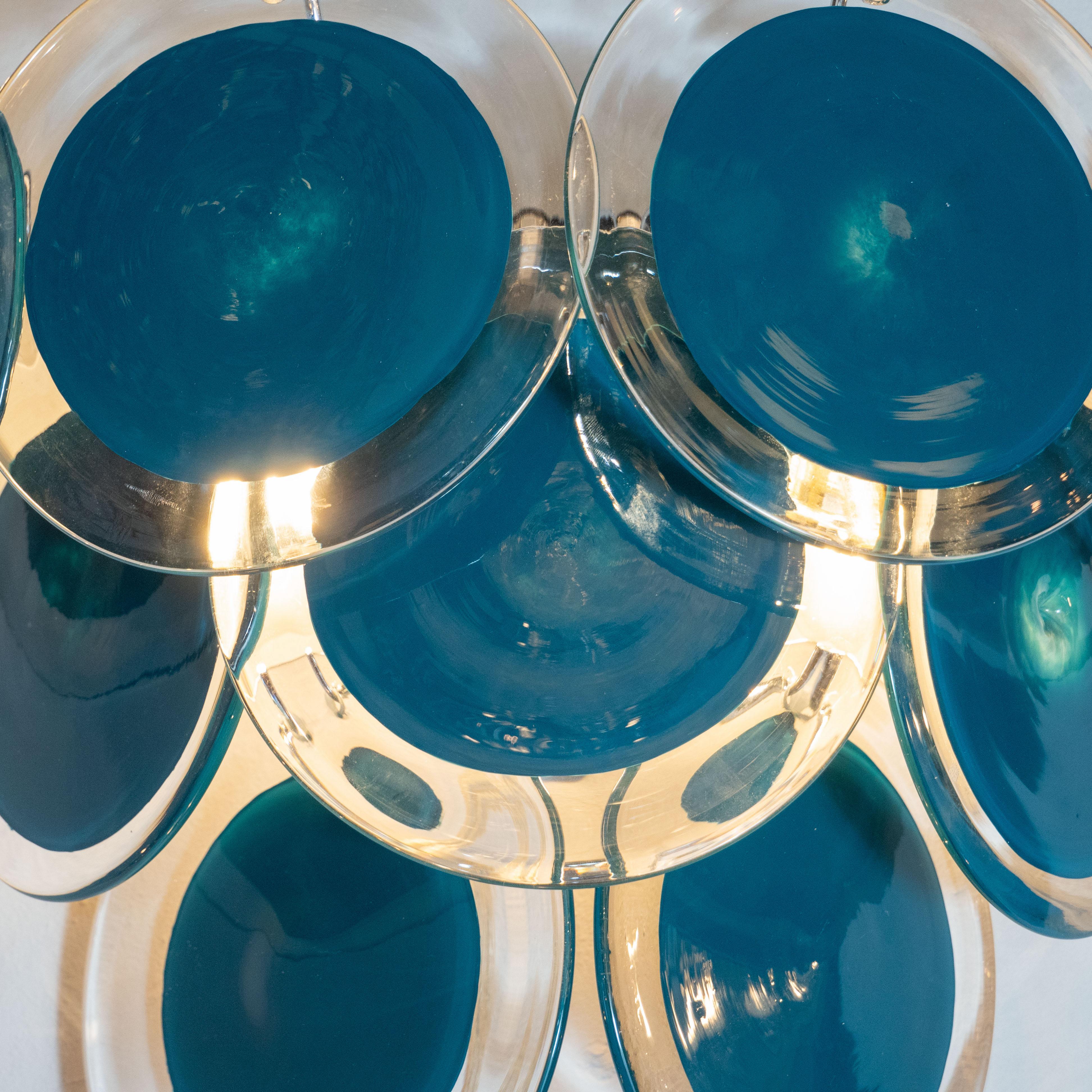 Italian Pair of Modernist 9-Disc Hand Blown Murano Turquoise & Translucent Glass Sconces For Sale