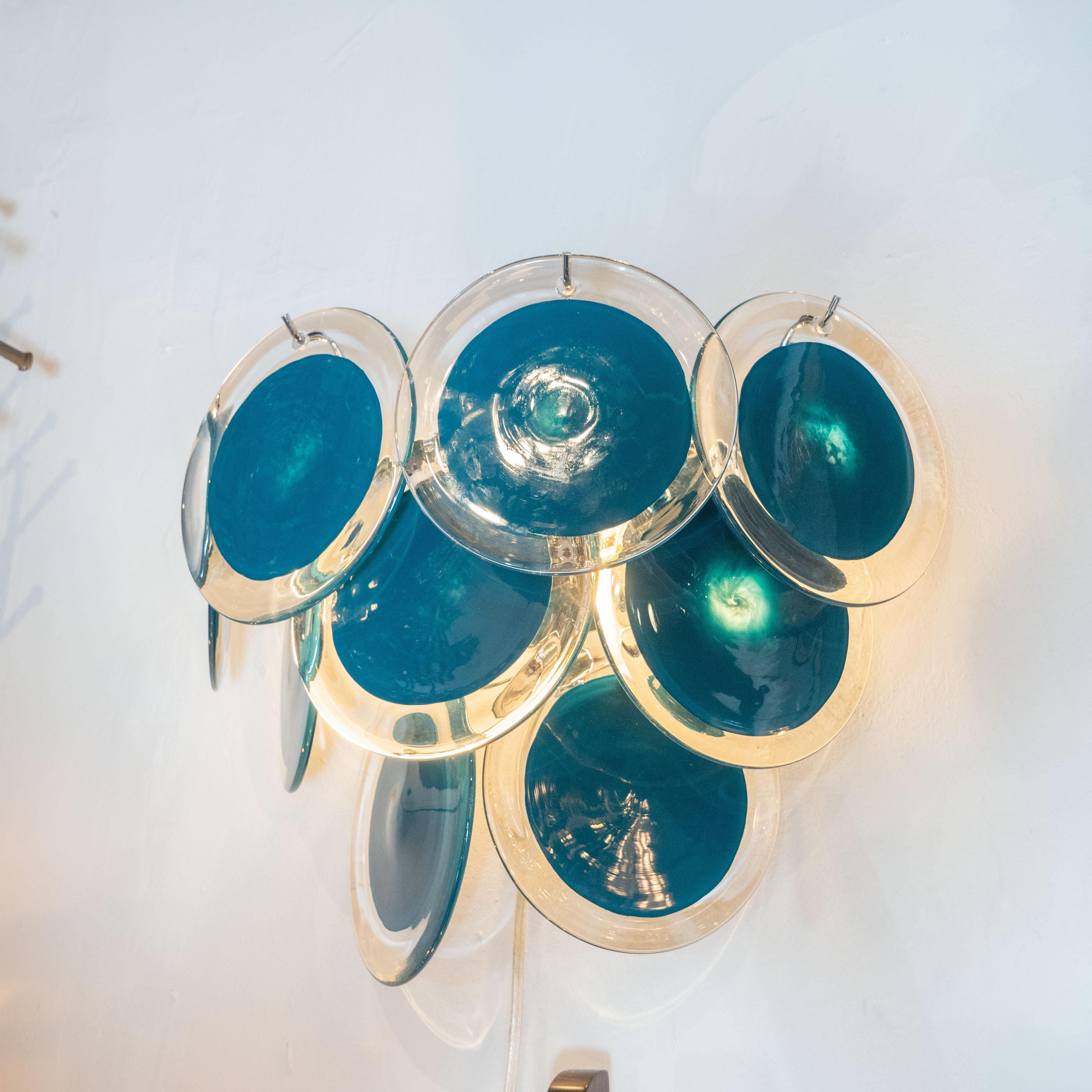 Pair of Modernist 9-Disc Hand Blown Murano Turquoise & Translucent Glass Sconces In Excellent Condition For Sale In New York, NY
