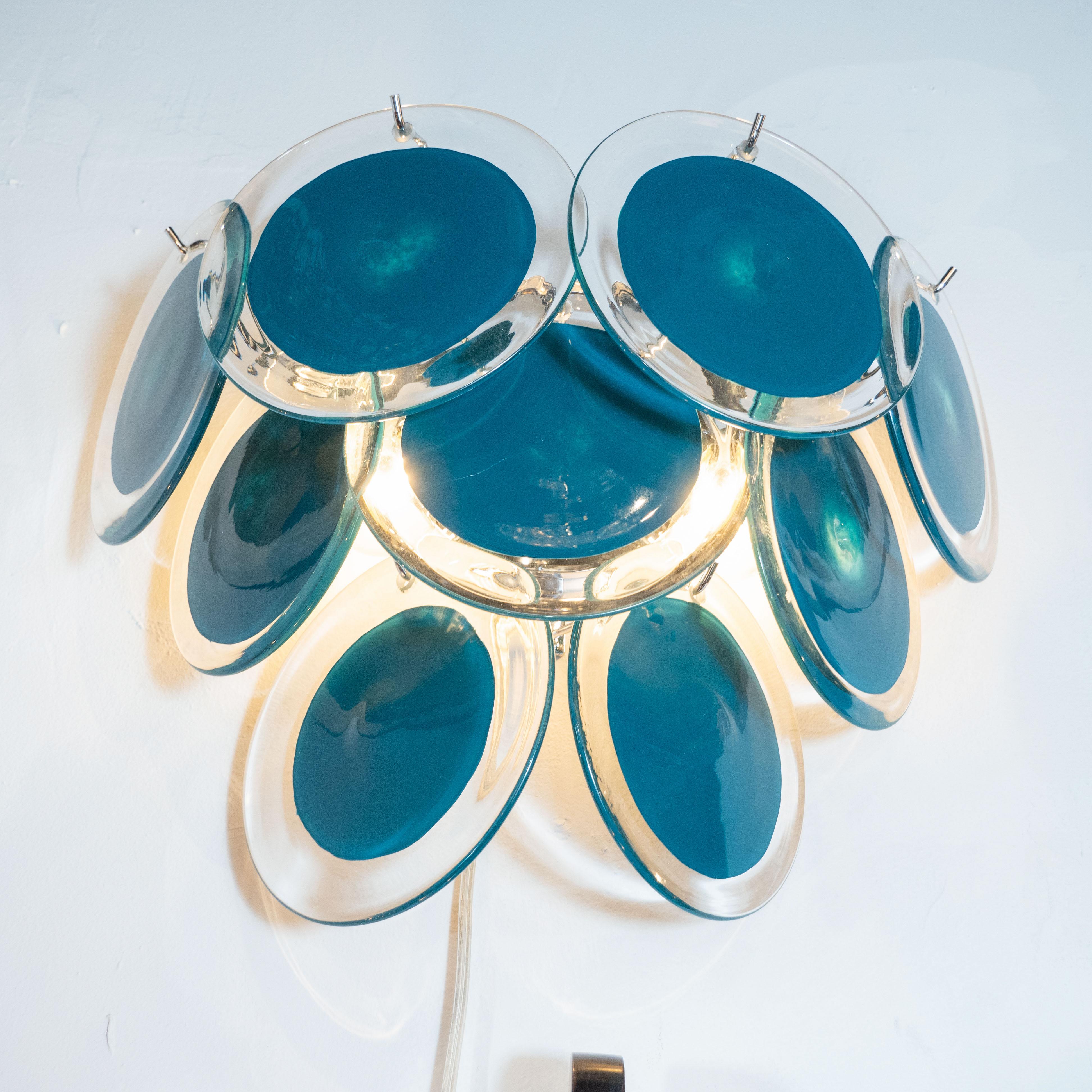 Contemporary Pair of Modernist 9-Disc Hand Blown Murano Turquoise & Translucent Glass Sconces For Sale