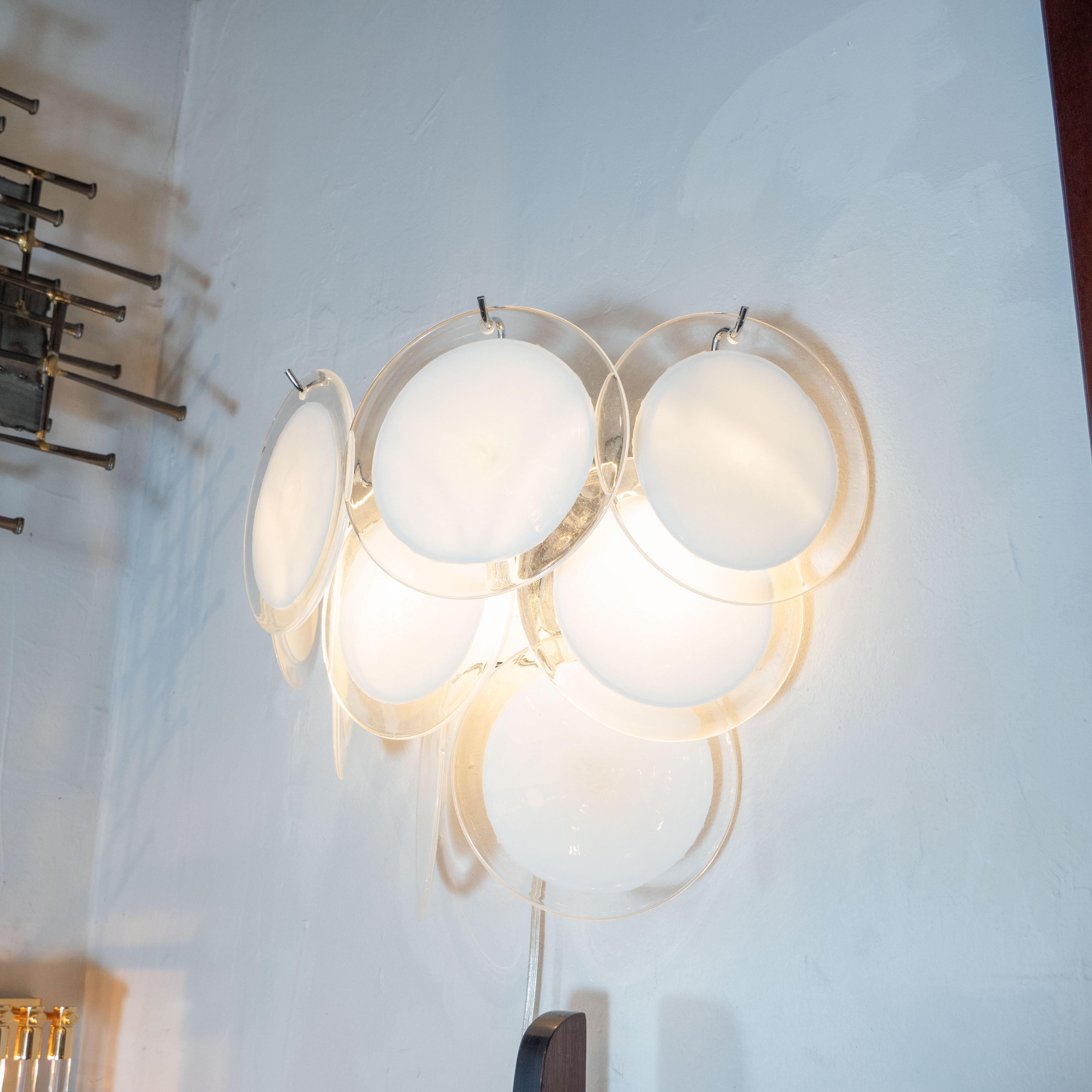 Contemporary Pair of Modernist 9-Disc Hand Blown Murano White and Translucent Glass Sconces For Sale