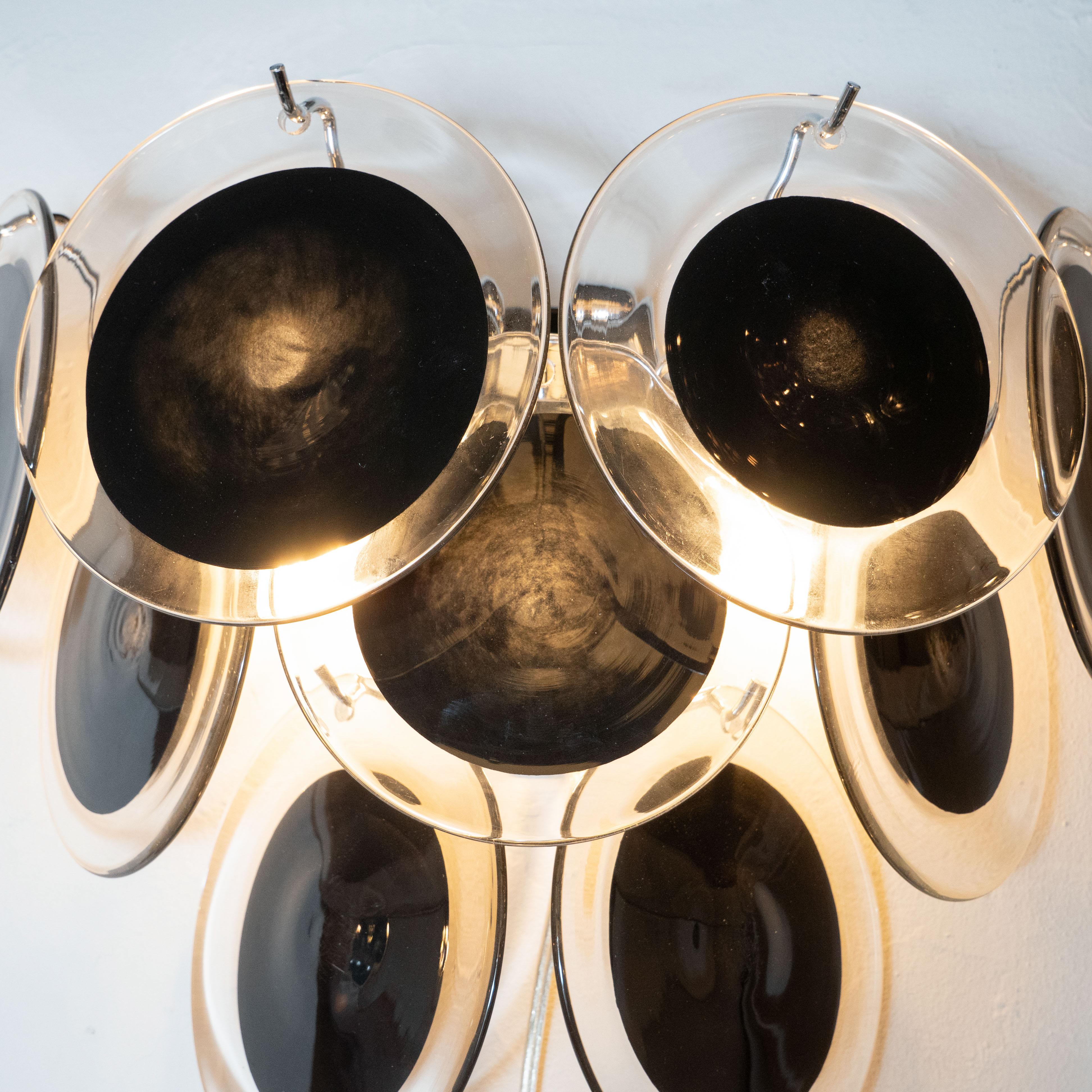 Italian Pair of Modernist 9-Disc Sconces in Hand Blown Murano Black & Translucent Glass For Sale