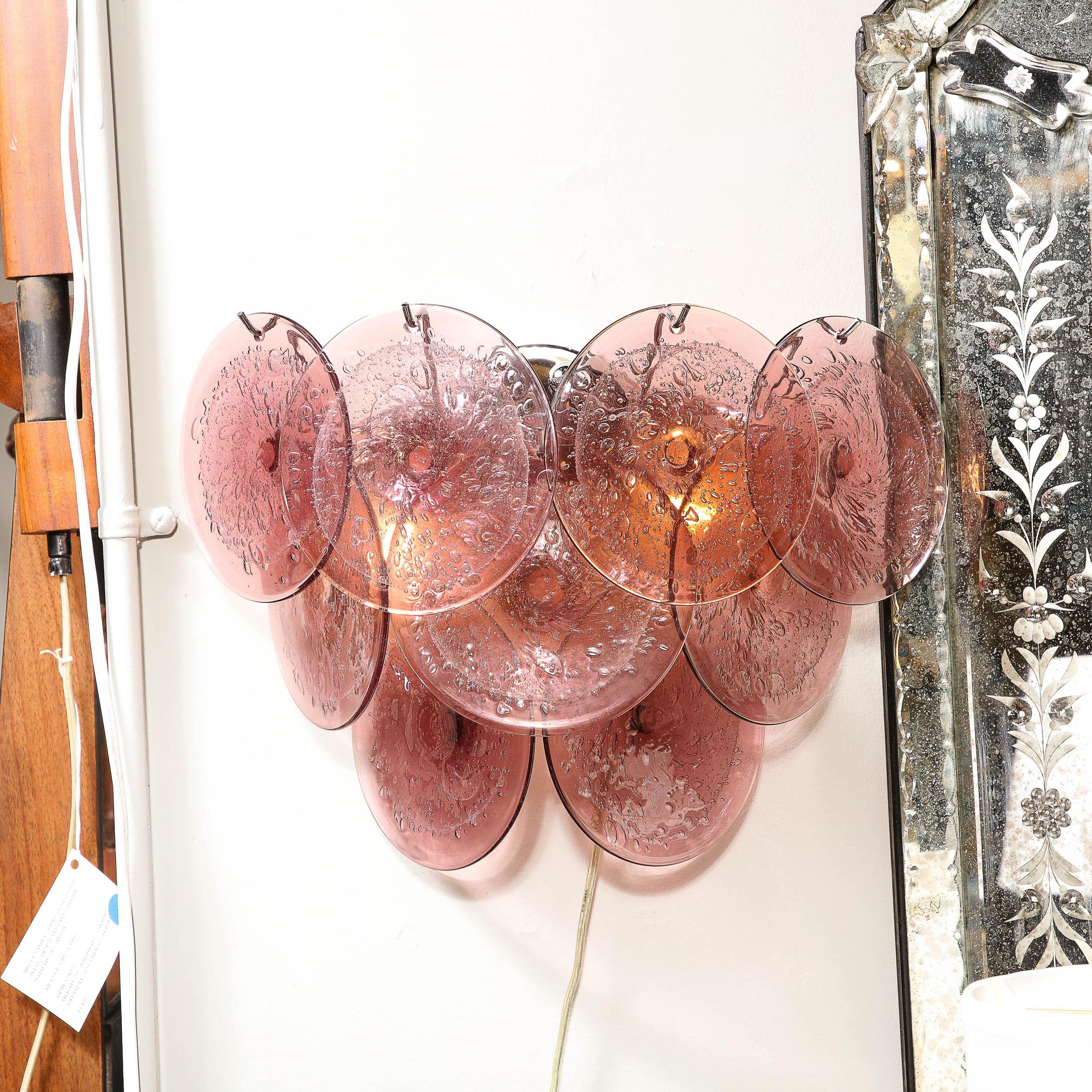 Italian Pair of Modernist 9-Disc Sconces in Handblown Murano Smoked Amethyst Glass For Sale