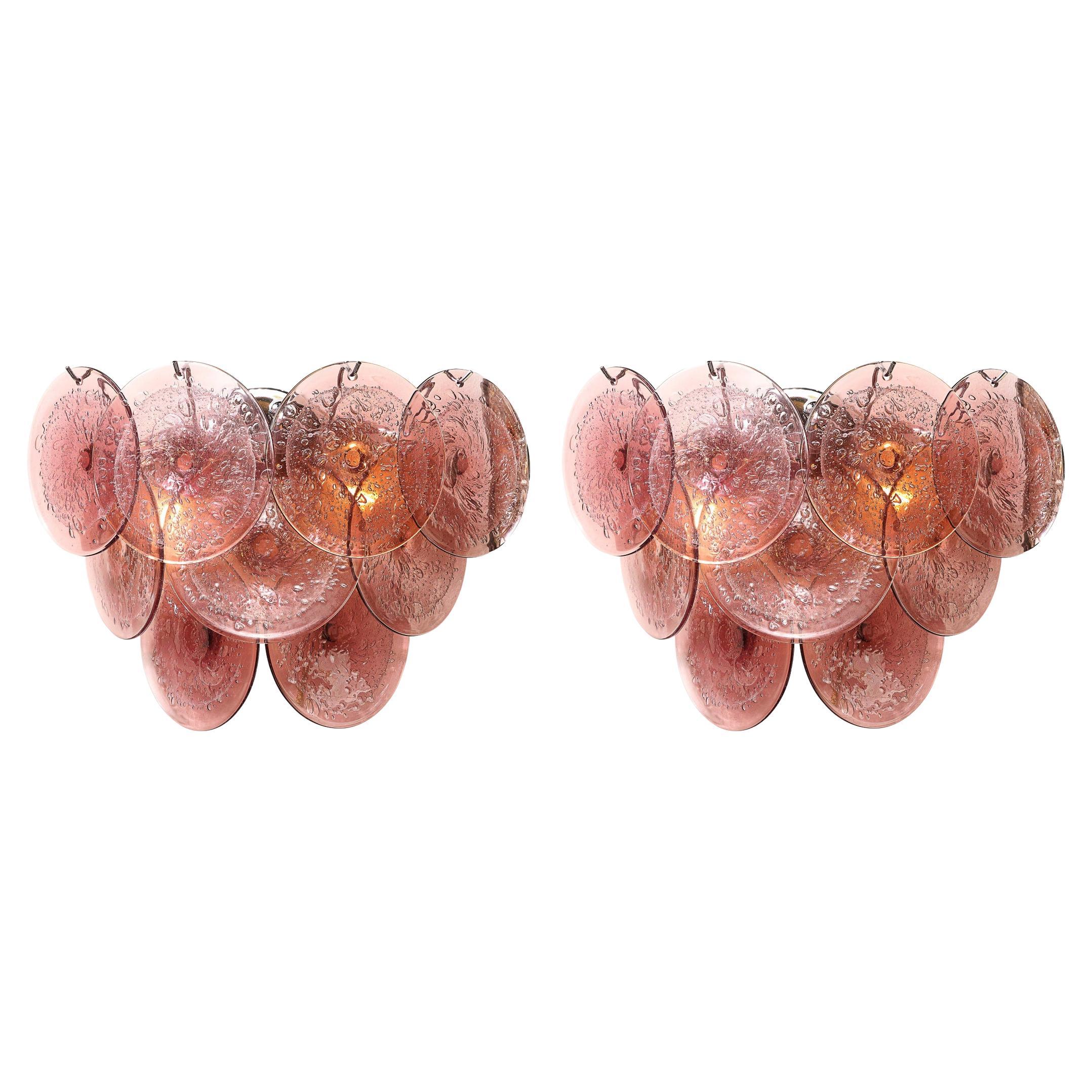 Pair of Modernist 9-Disc Sconces in Handblown Murano Smoked Amethyst Glass For Sale