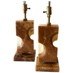 Pair of Modernist Abstract Carved Onyx Table Lamps Sculptures