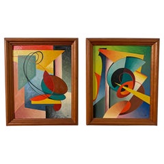 Pair of Modernist Abstract Geometric Oils Initialed and Dated, 1954