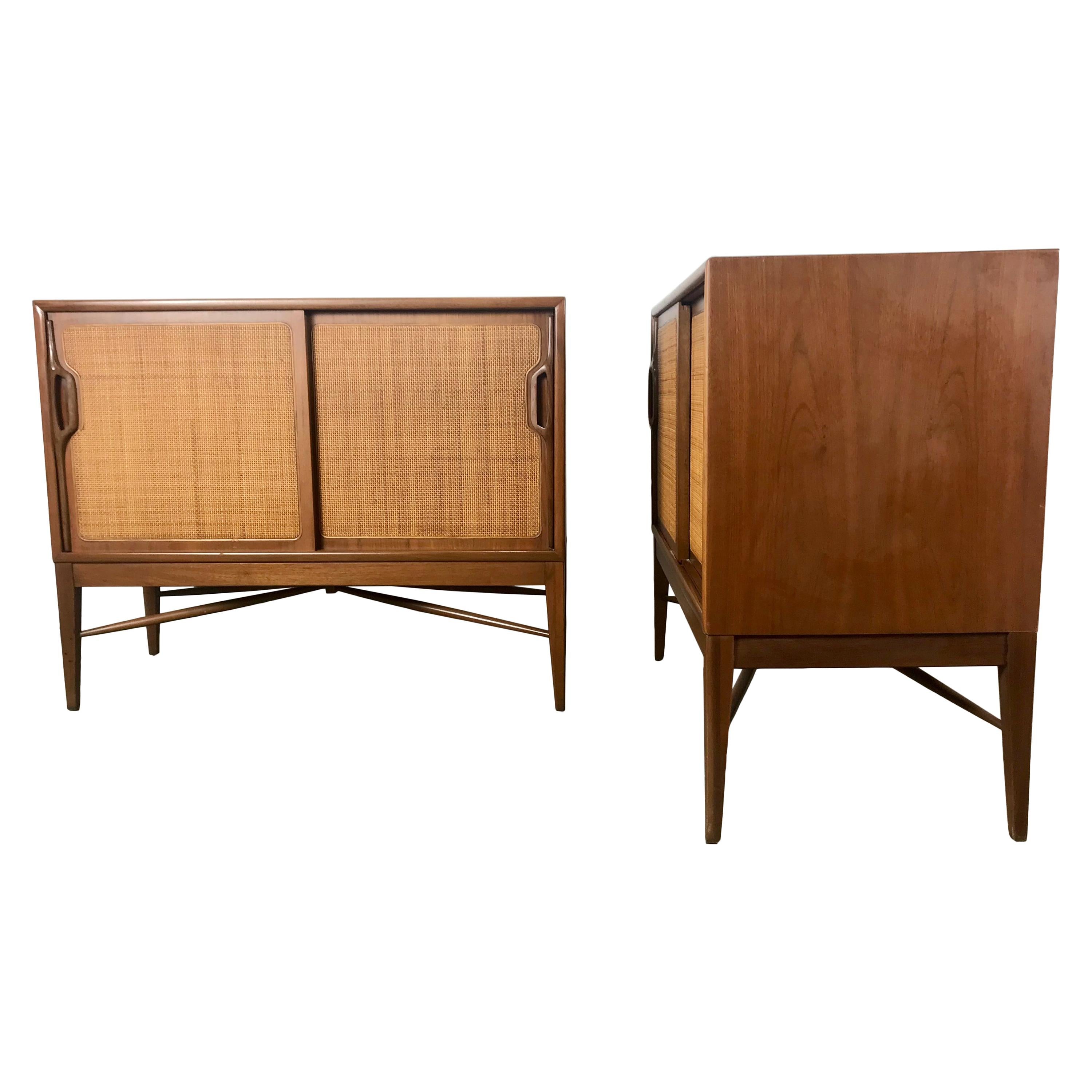 Pair of Modernist American Danish Walnut Sliding Caned Door Cabinets