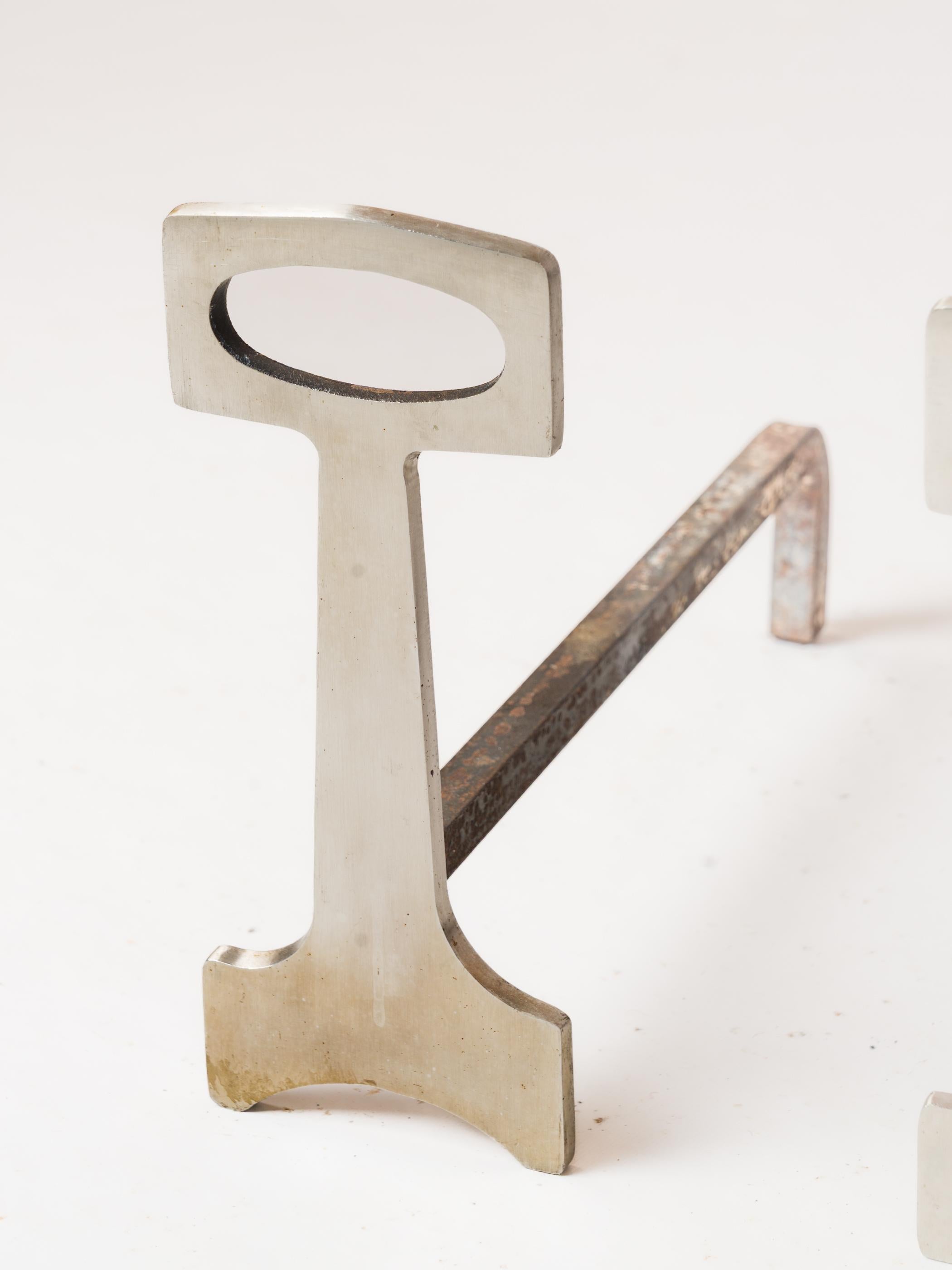 Polished Pair of Modernist Andirons - France 1960s For Sale