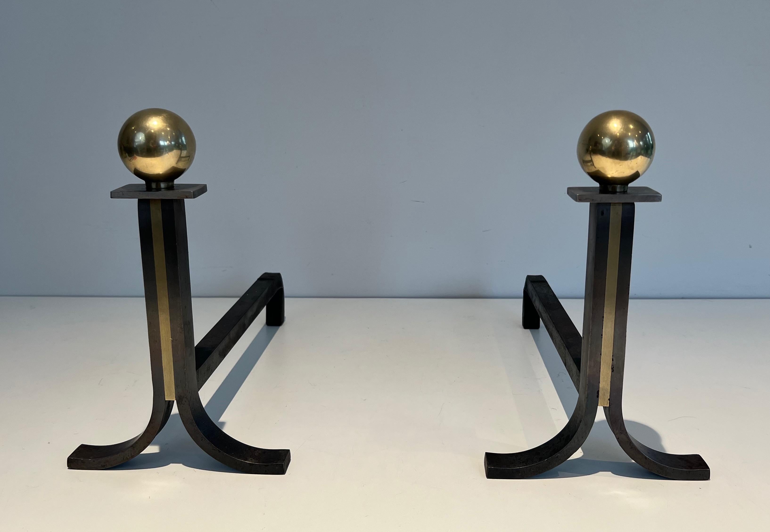Pair of Modernist Andirons in the Style of Jacques Adnet For Sale 5