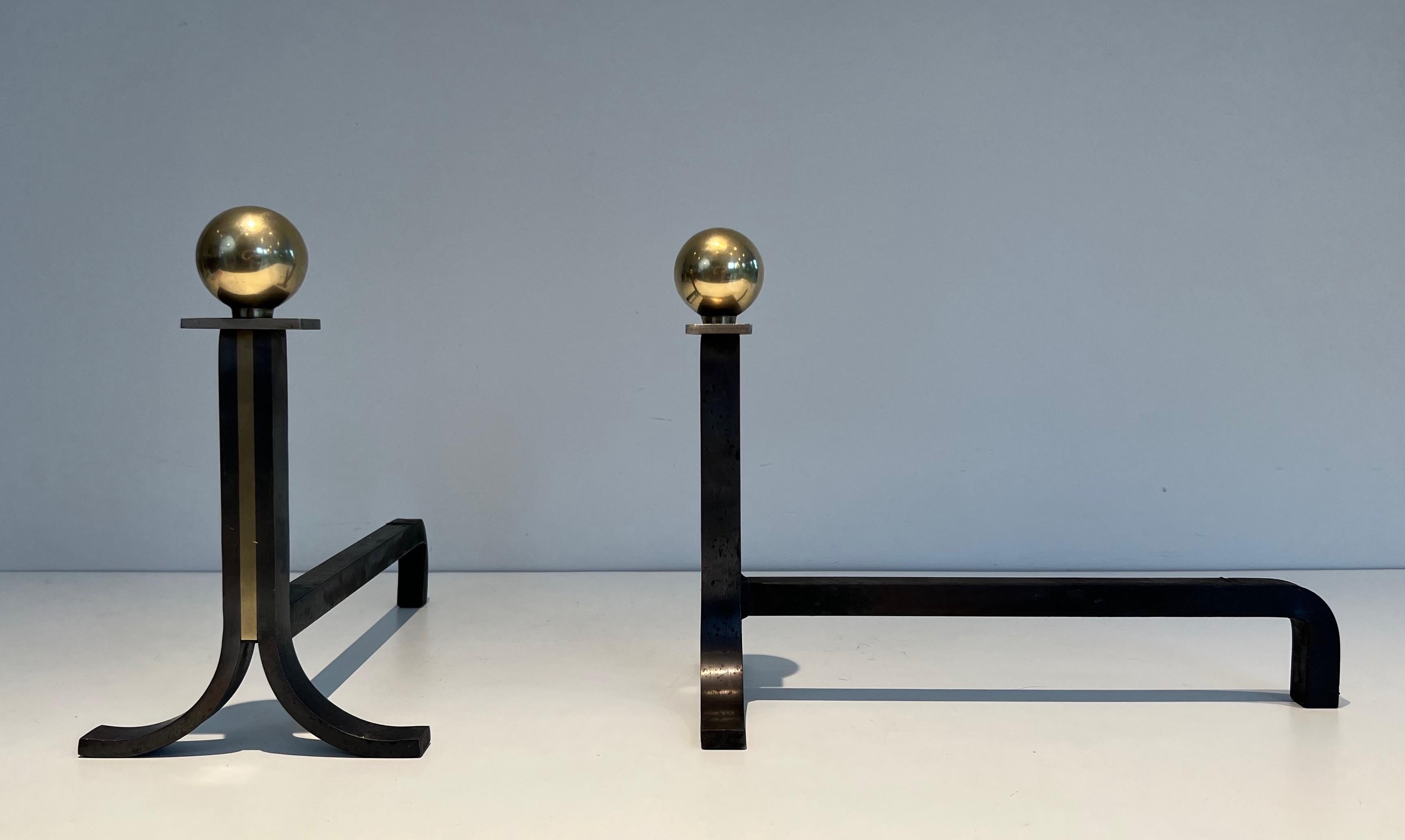 Pair of Modernist Andirons in the Style of Jacques Adnet For Sale 11