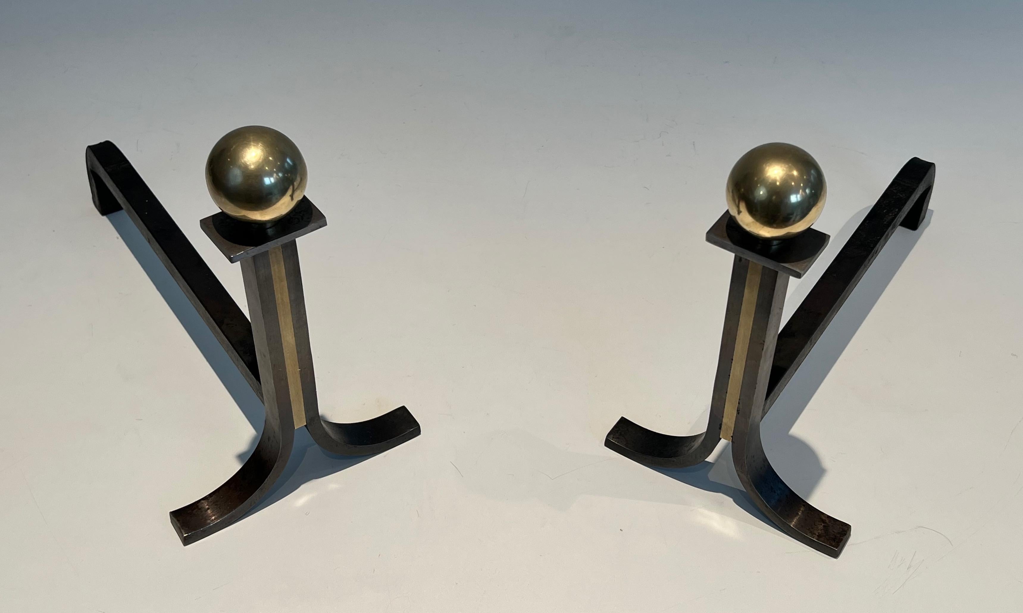 French Pair of Modernist Andirons in the Style of Jacques Adnet For Sale