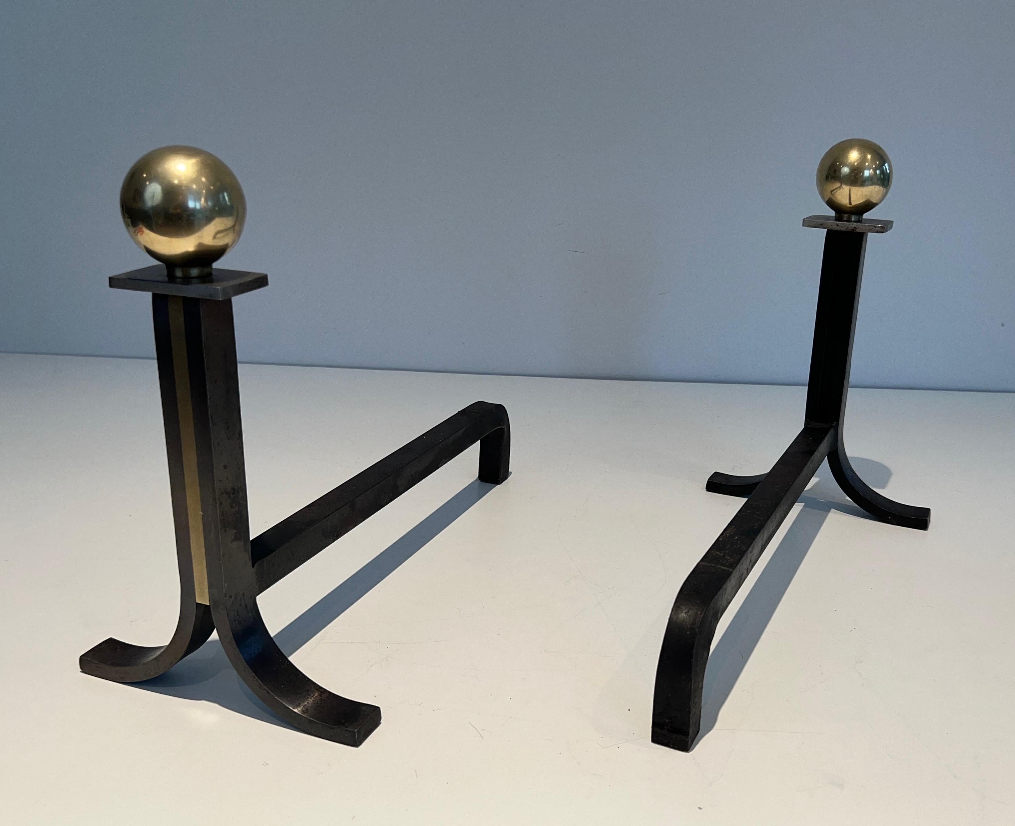 Brass Pair of Modernist Andirons in the Style of Jacques Adnet For Sale