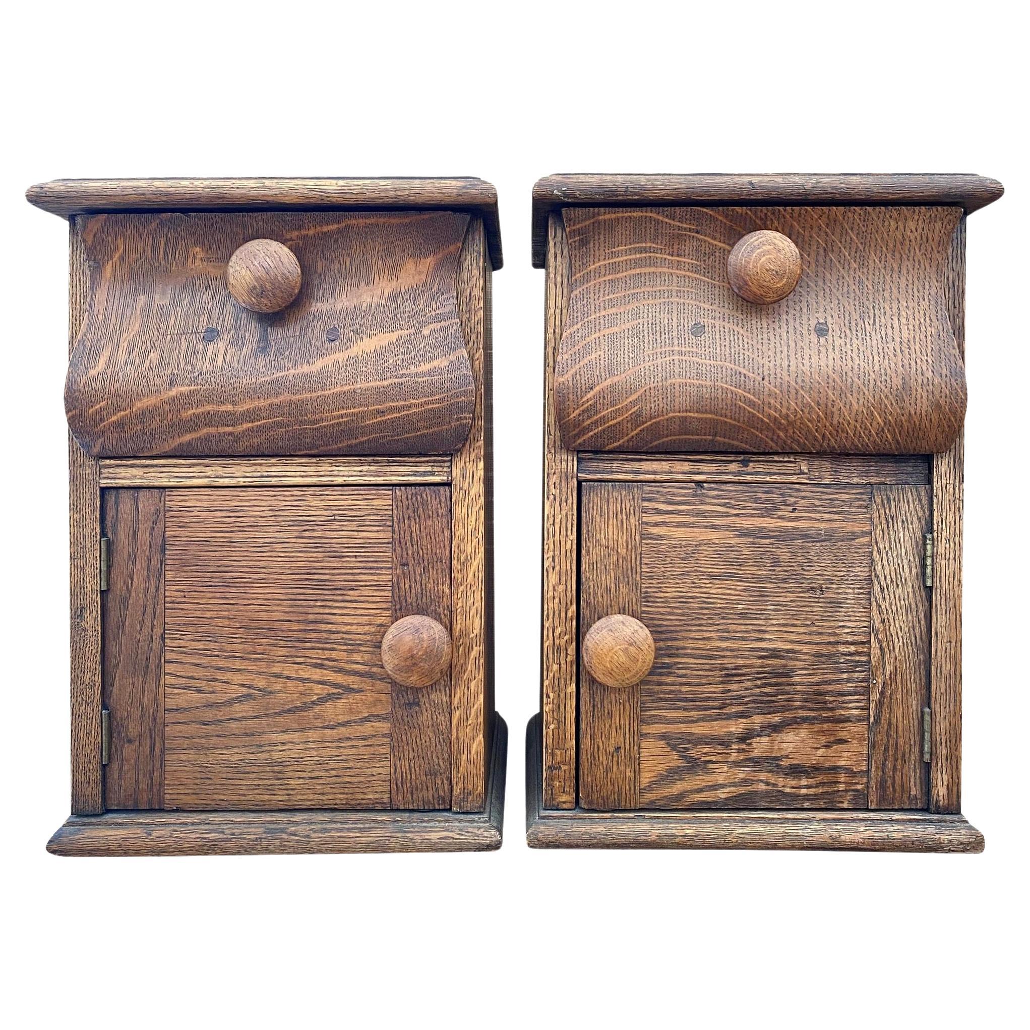 Pair of Modernist Antiquarian 1940s Sculptural Tiger Oak Small Cabinets For Sale