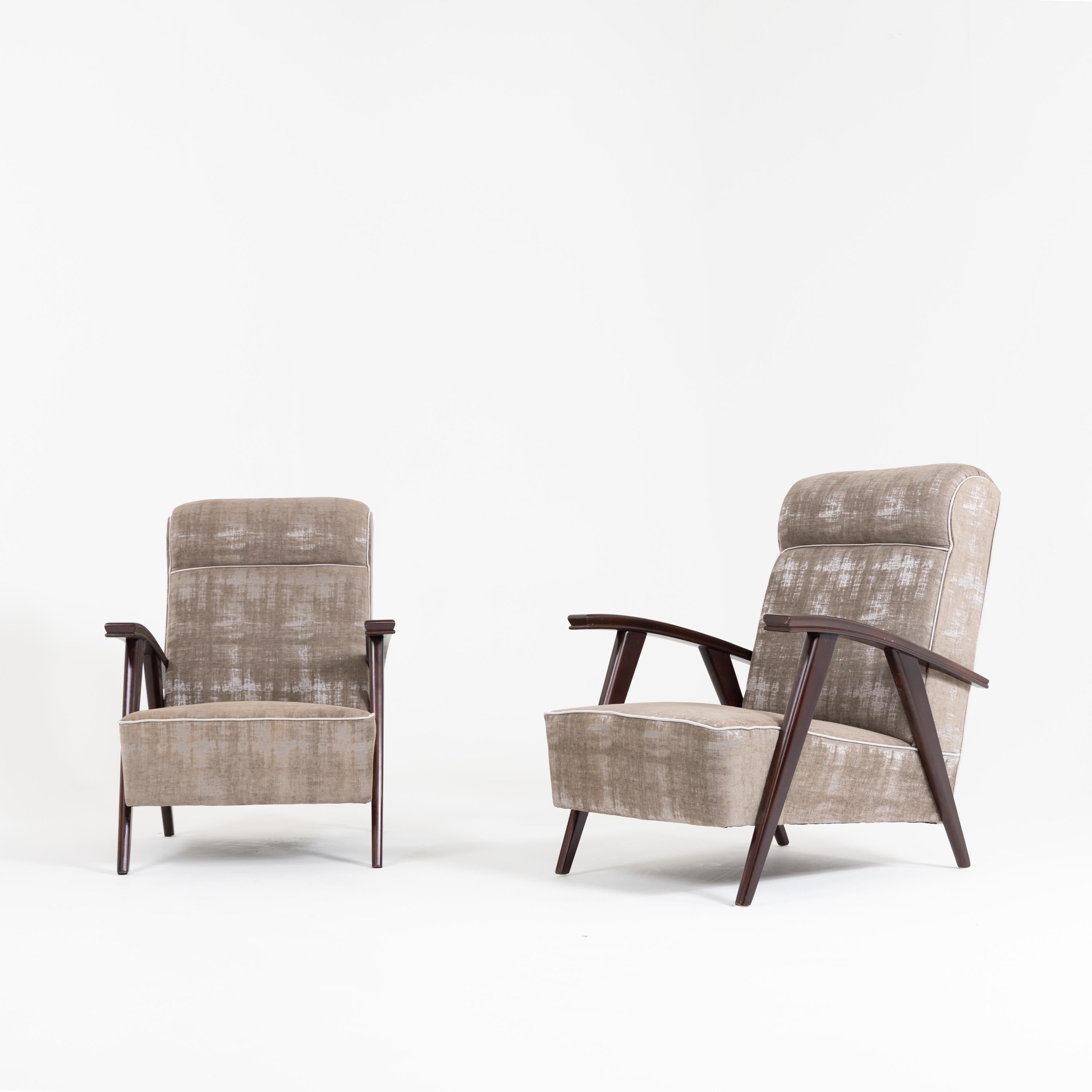 Stained Pair of Modernist Armchairs Attributed to Jacques Adnet