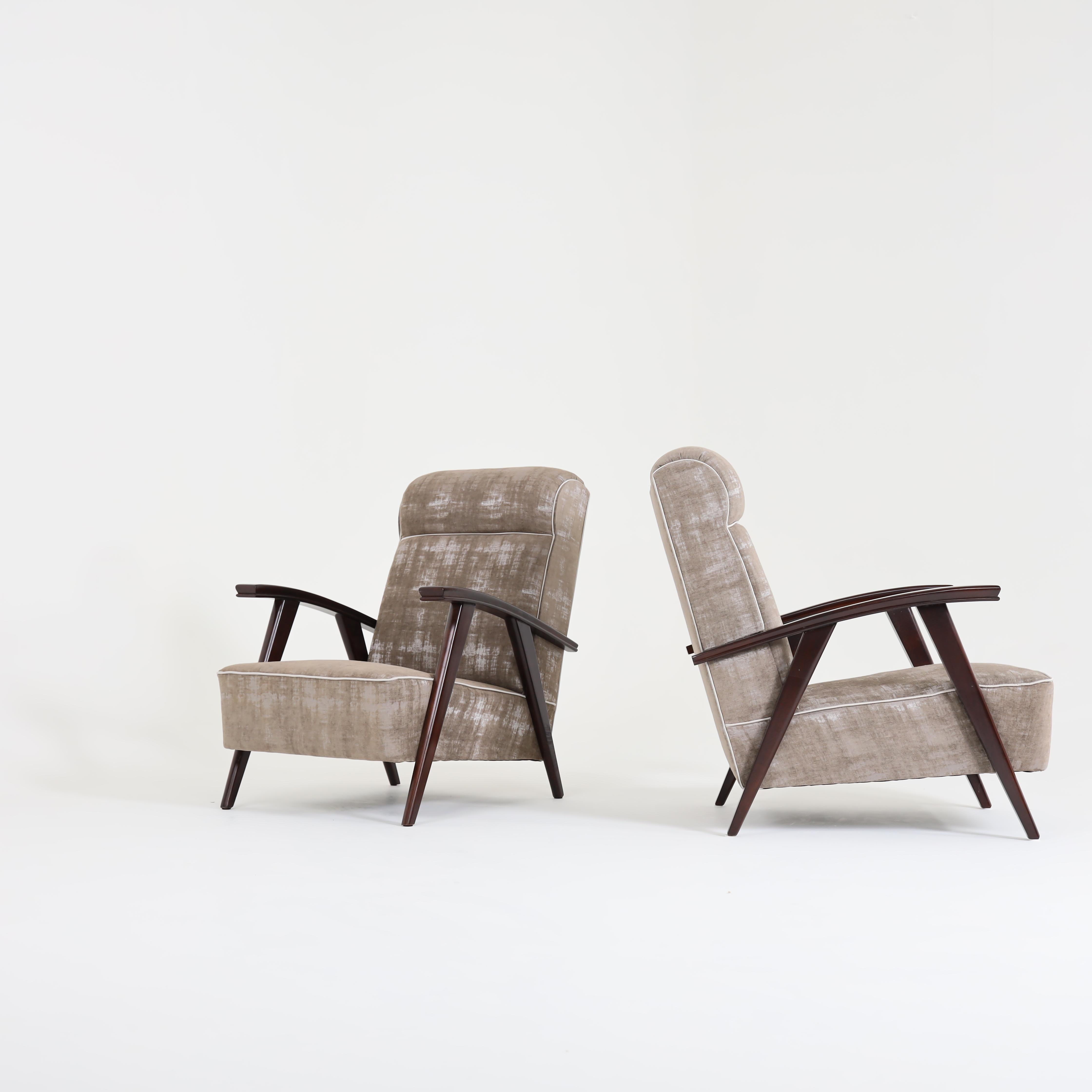 Beech Pair of Modernist Armchairs Attributed to Jacques Adnet