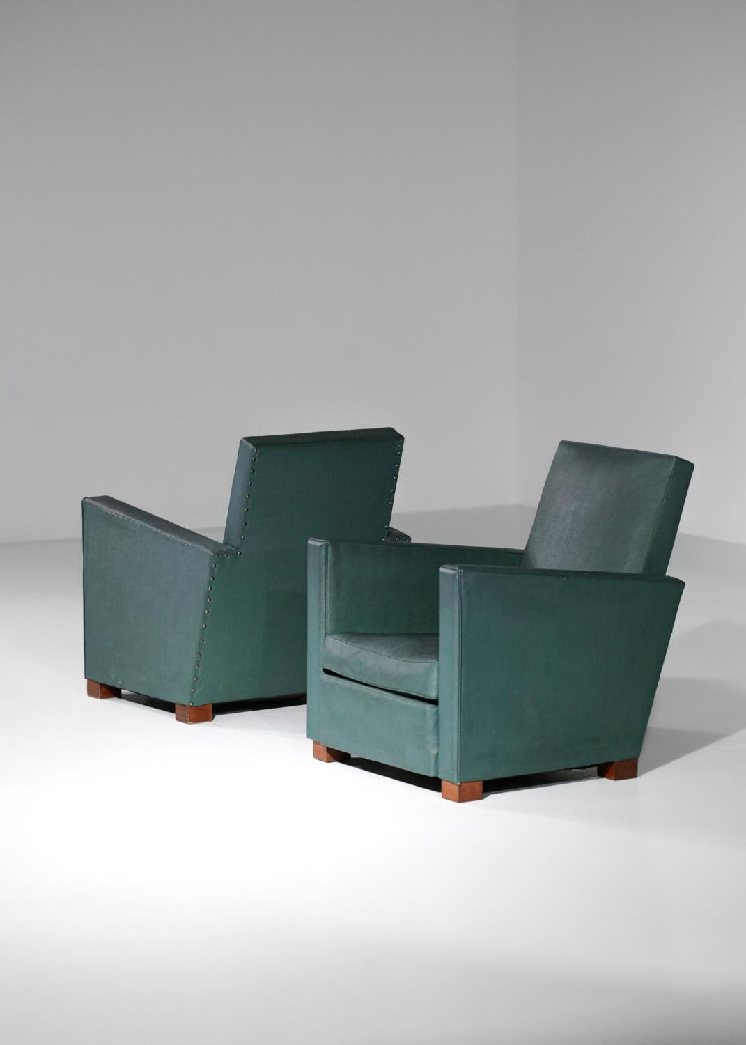 Faux Leather Pair of Modernist Art Deco Armchairs Green Leatherette Style of Jacques Adnet For Sale