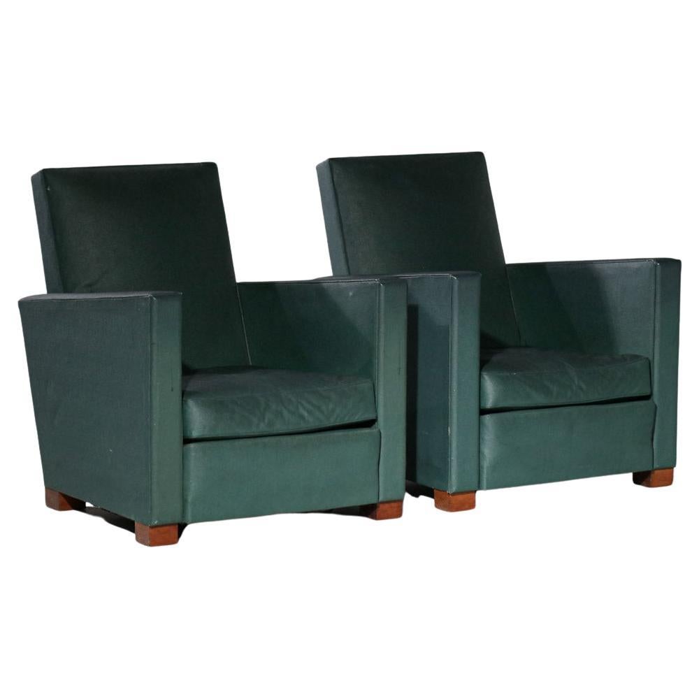 Pair of Modernist Art Deco Armchairs Green Leatherette Style of Jacques Adnet For Sale