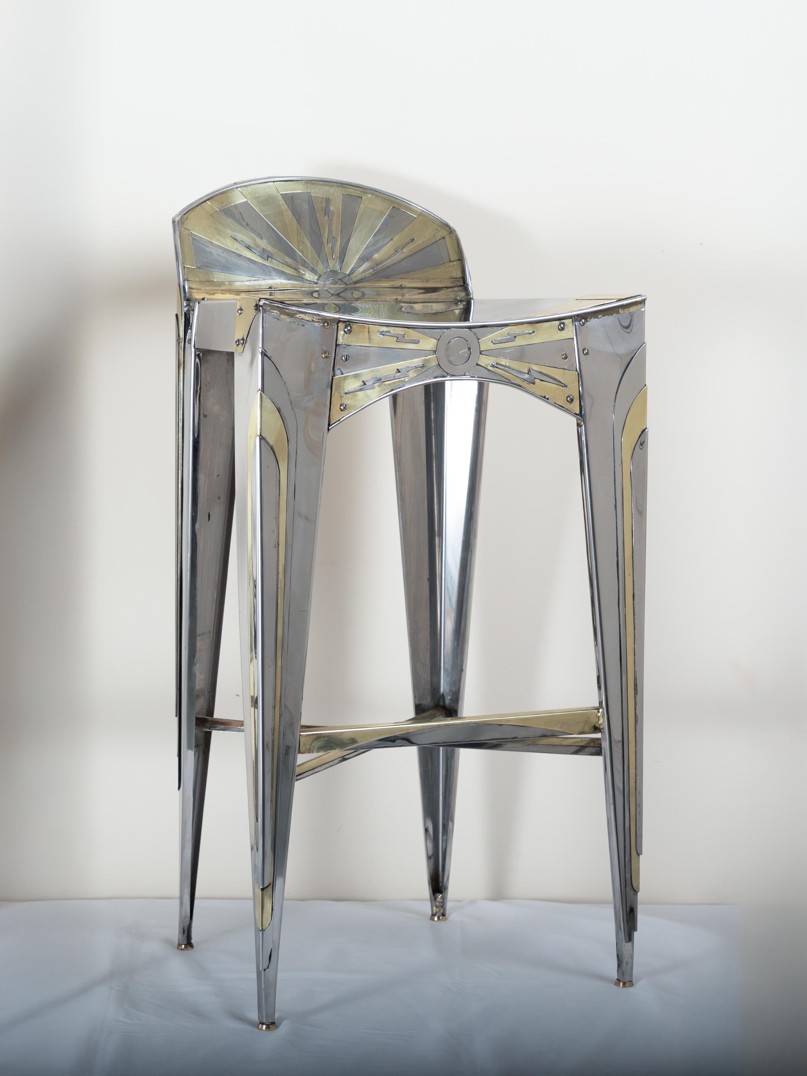 Paire de tabourets de bar Art déco modernistes de Sam Rush en acier inoxydable et laiton en vente 5