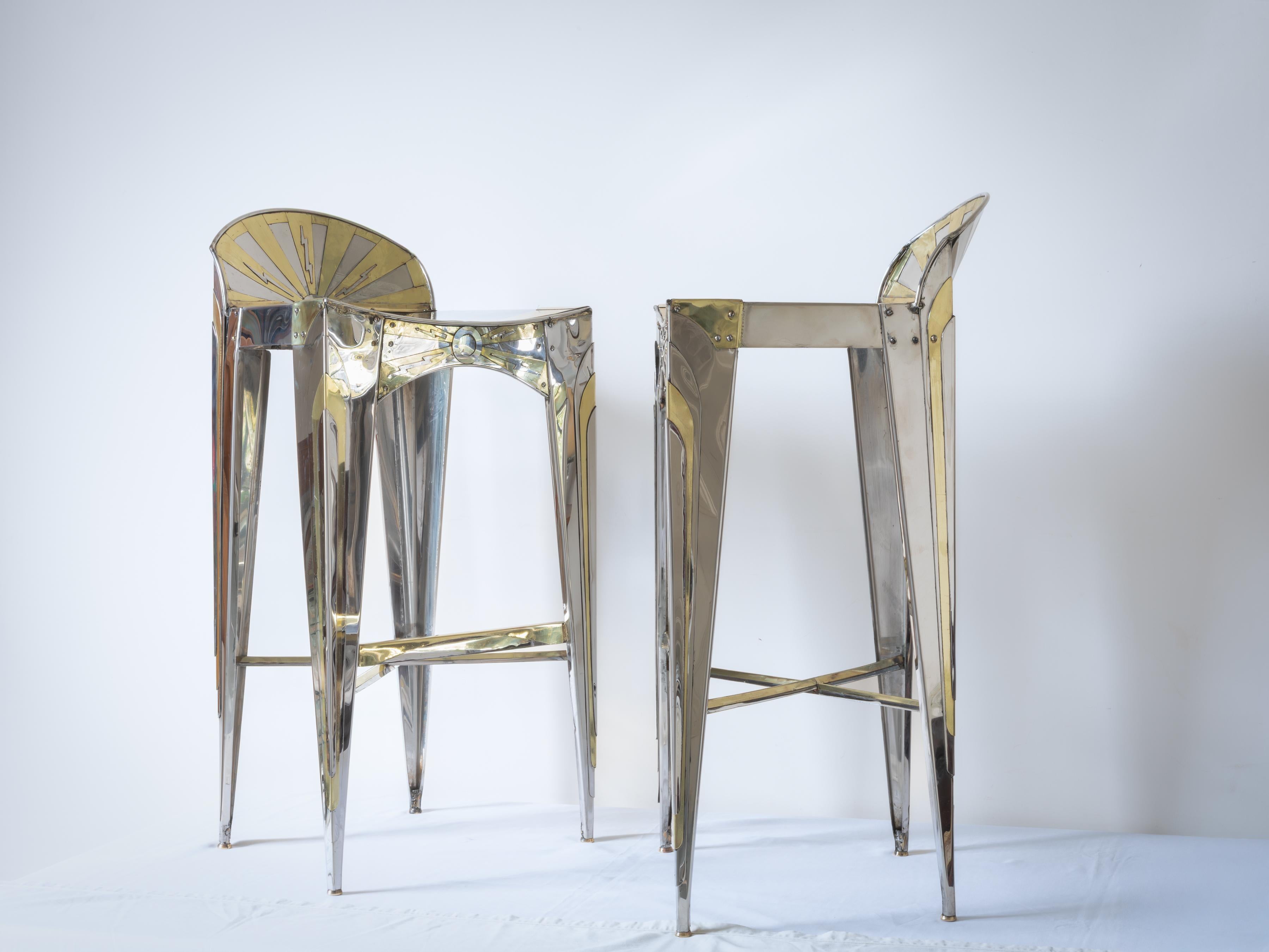 Paire de tabourets de bar Art déco modernistes de Sam Rush en acier inoxydable et laiton en vente 6