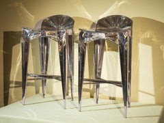 Paire de tabourets de bar Art déco modernistes de Sam Rush en acier inoxydable et laiton