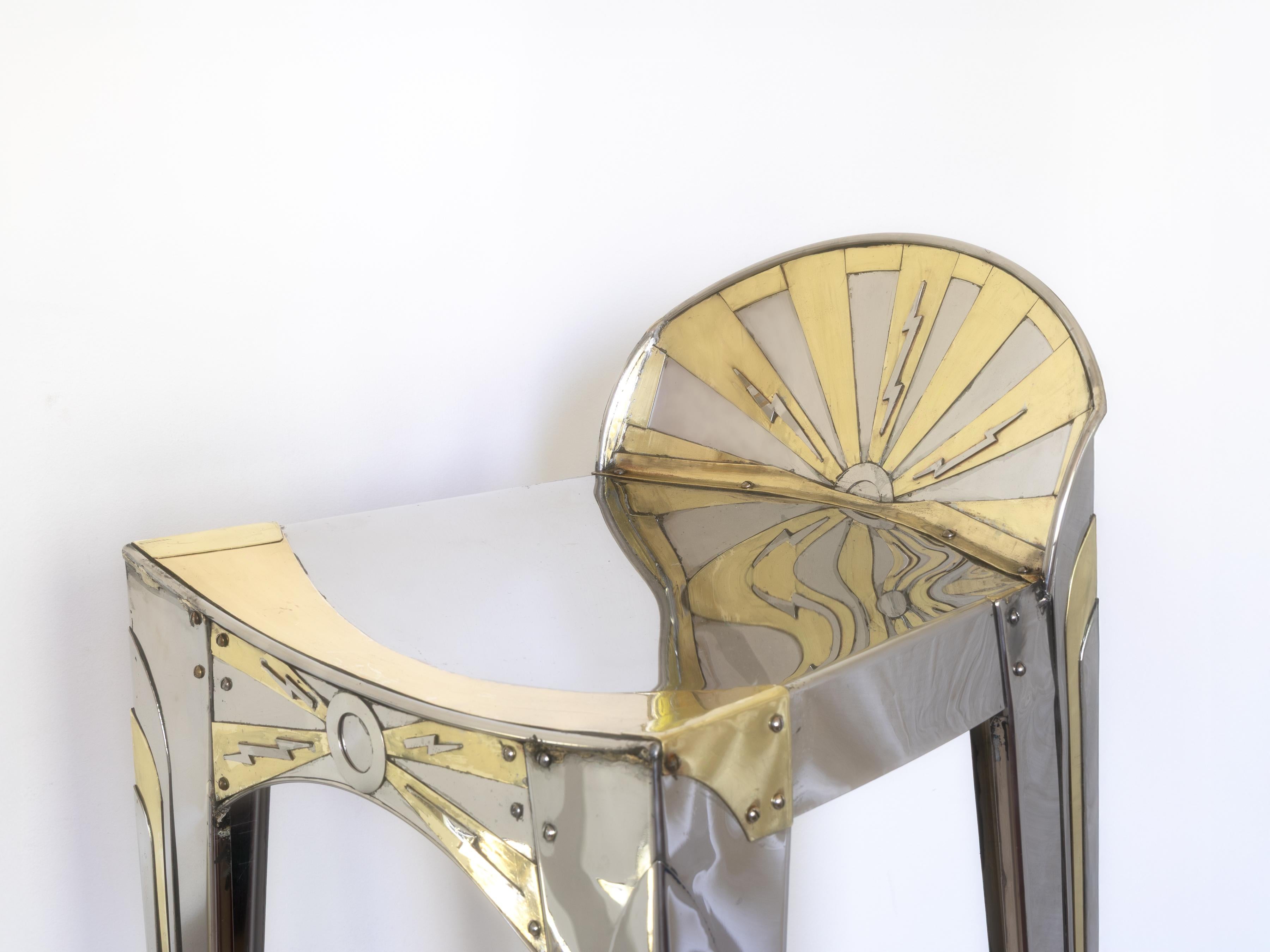 XXIe siècle et contemporain Paire de tabourets de bar Art déco modernistes de Sam Rush en acier inoxydable et laiton en vente