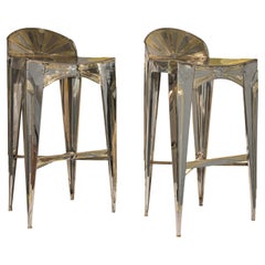 Paire de tabourets de bar Art déco modernistes de Sam Rush en acier inoxydable et laiton