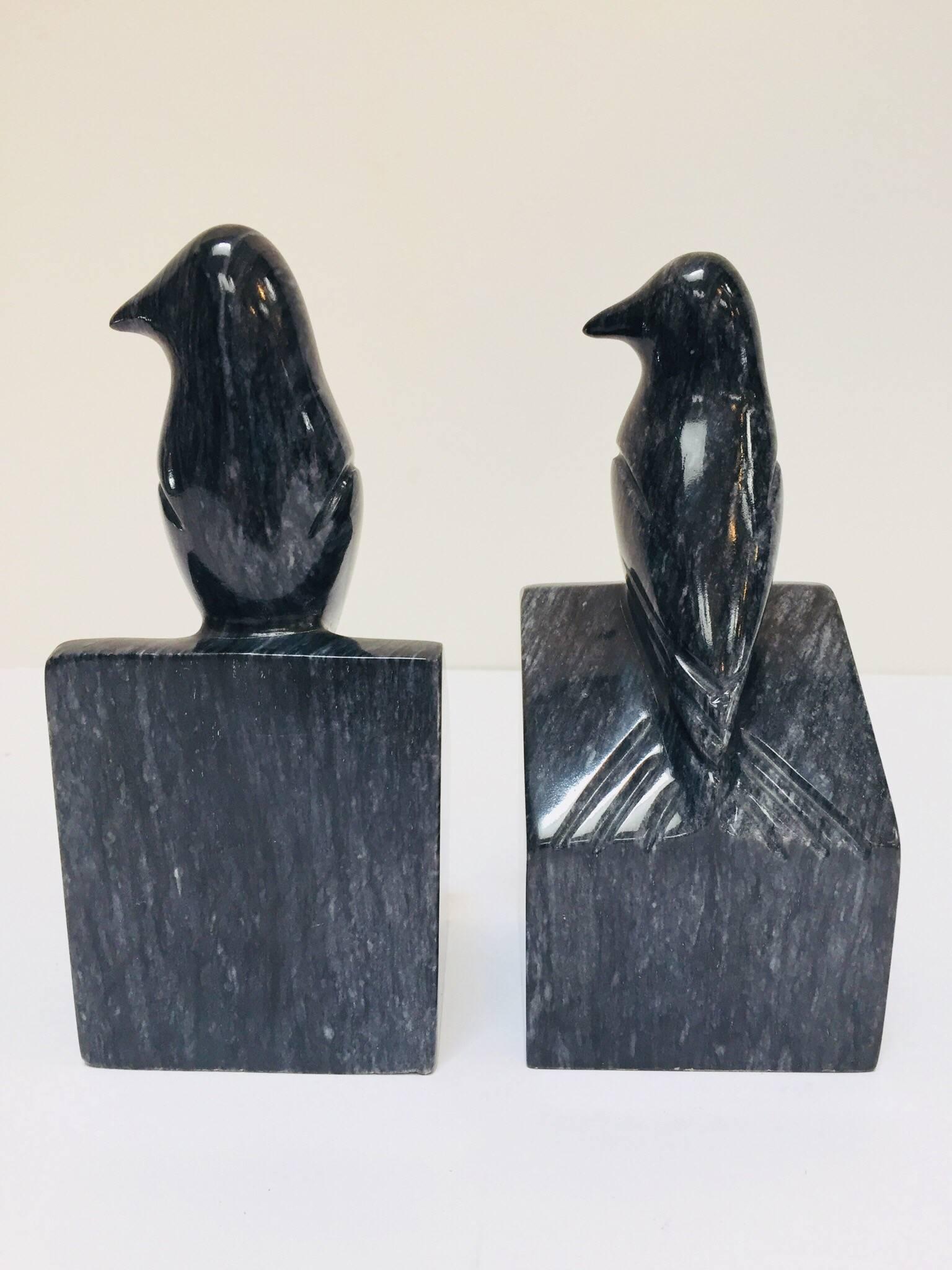 Hand-Crafted Pair of Modernist Art Deco Black Marble Birds Bookends