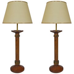 Pair of Modernist Art Deco Lamps, Wood and Patinated Bronze, France, circa 1930