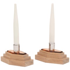 Pair of Modernist Art Deco Table Lamps on Stepped Limed Oak Base by Heals