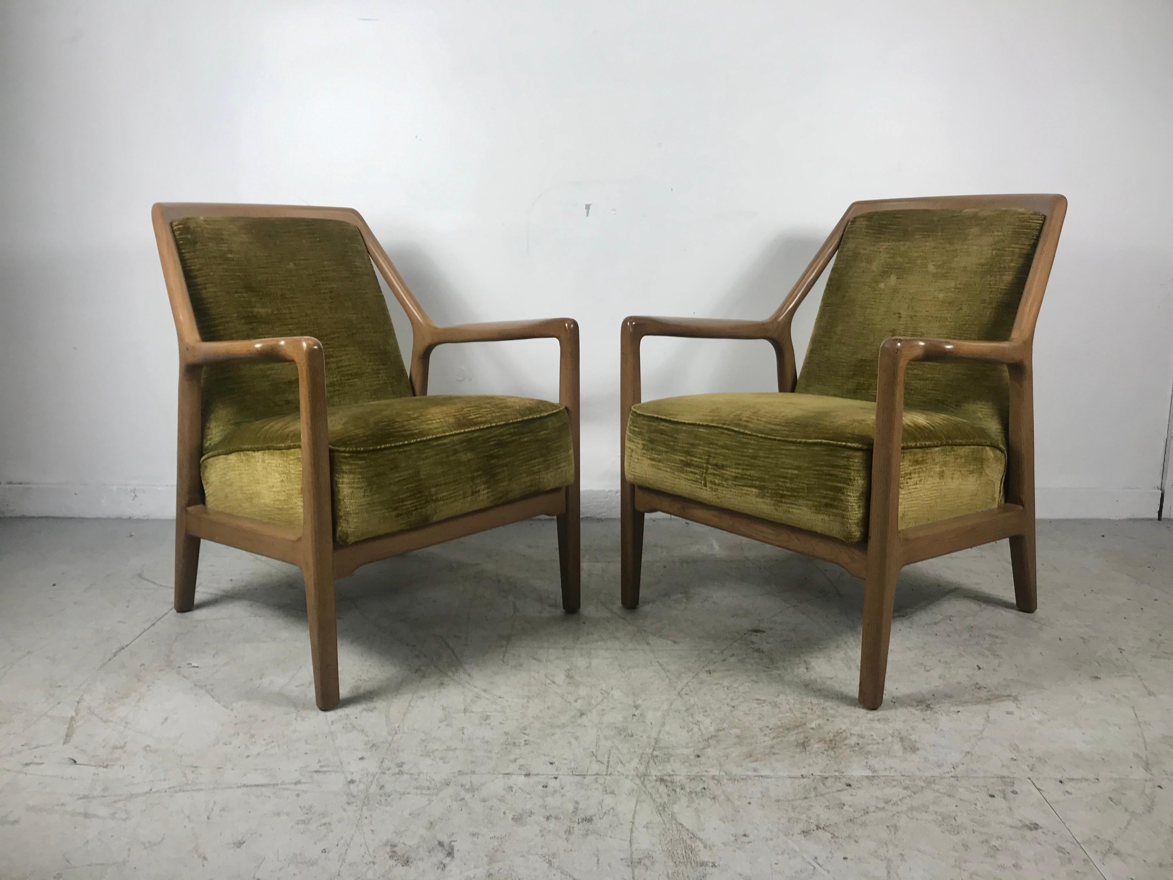 Handsome pair of Mid-Century Modern lounge club chairs by Jack Van der Molen for the Ash Group by Jamestown Lounge Company. They wear their original crushed velvet fabric and tobacco finish which are in amazing vintage condition. Extremely