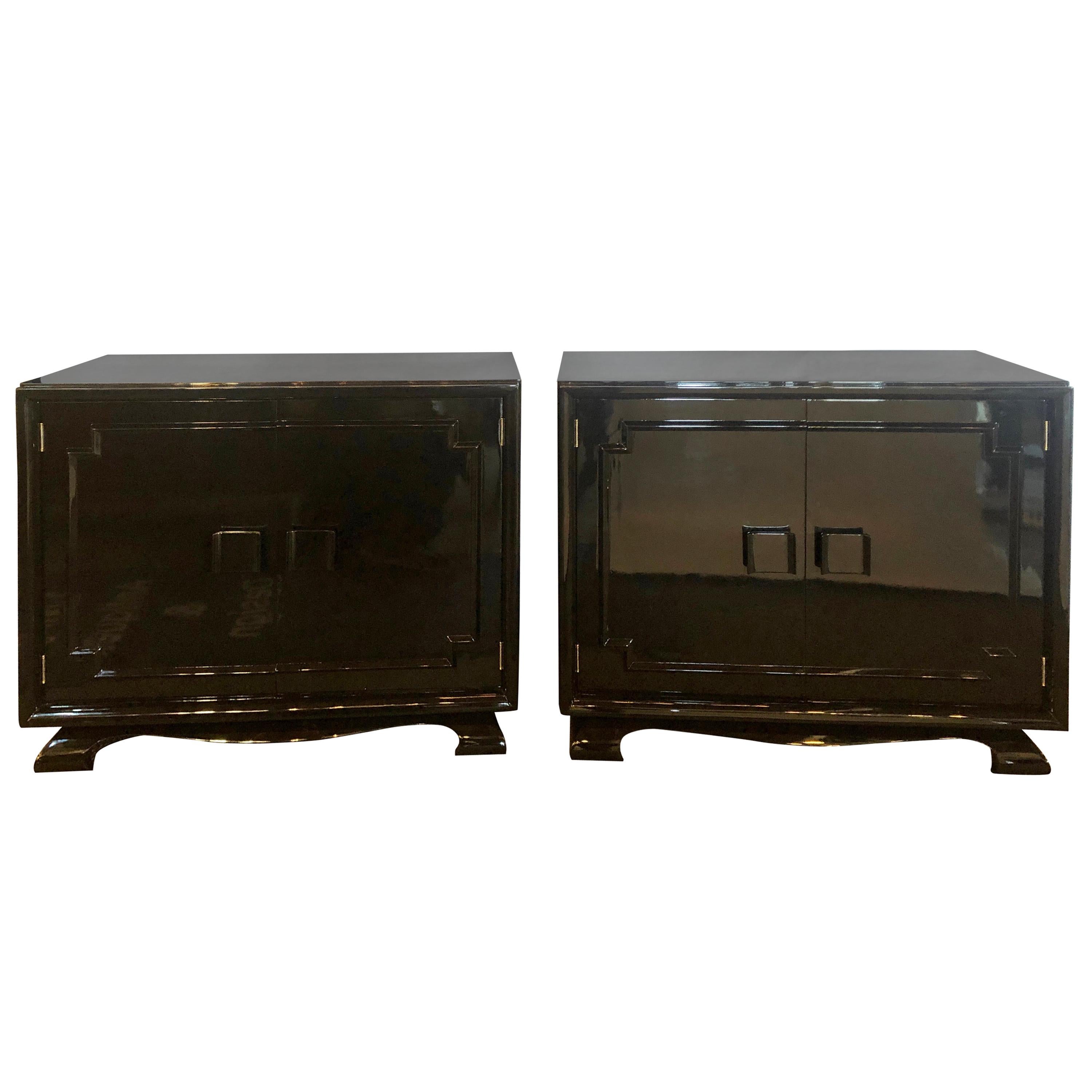 Pair of Modernist Asian Inspired Ebony Bachelor Chests in James Mont Style