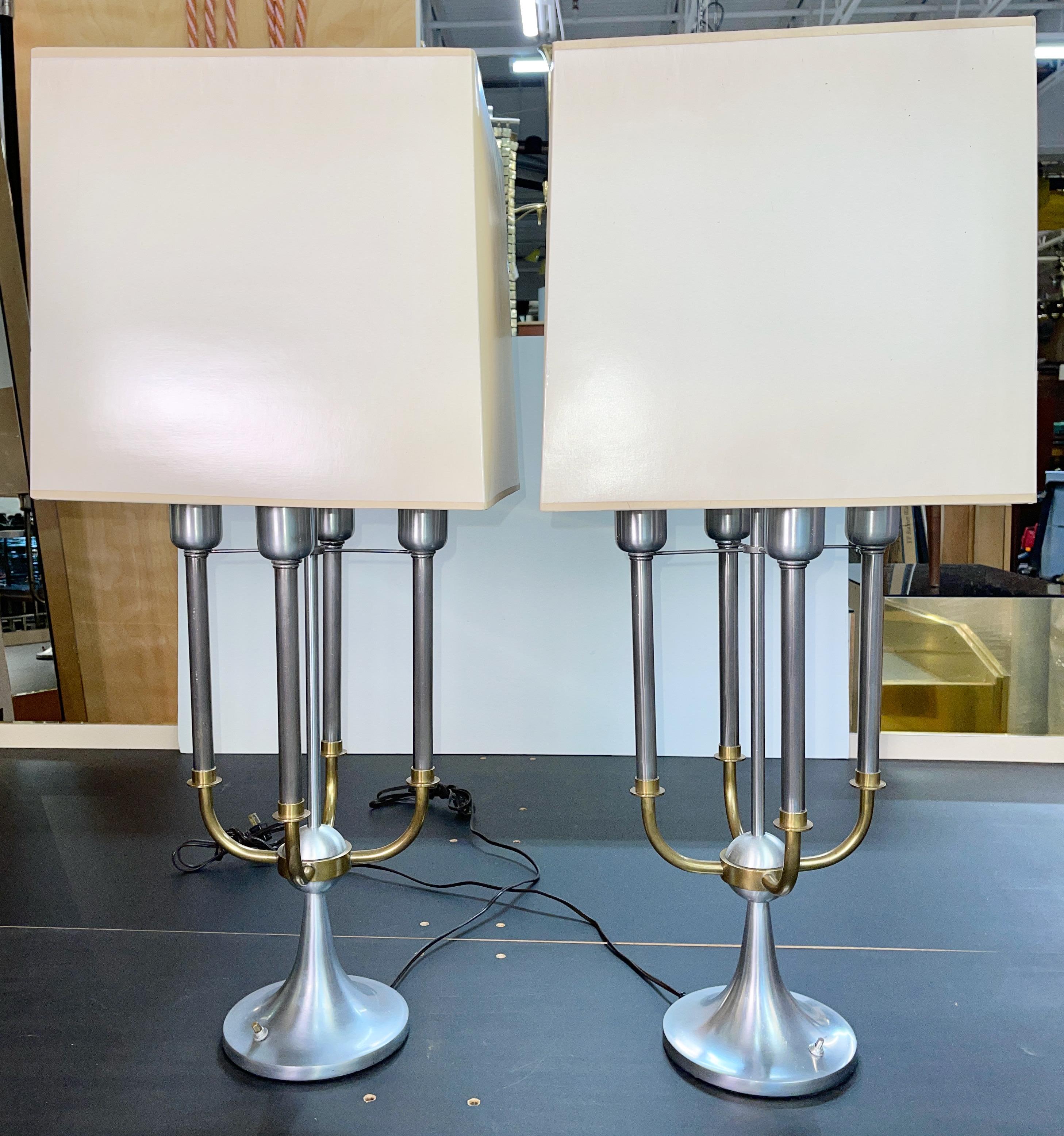 Pair of Modernist Bouillotte Nickel & Brass Table Lamps For Sale 11