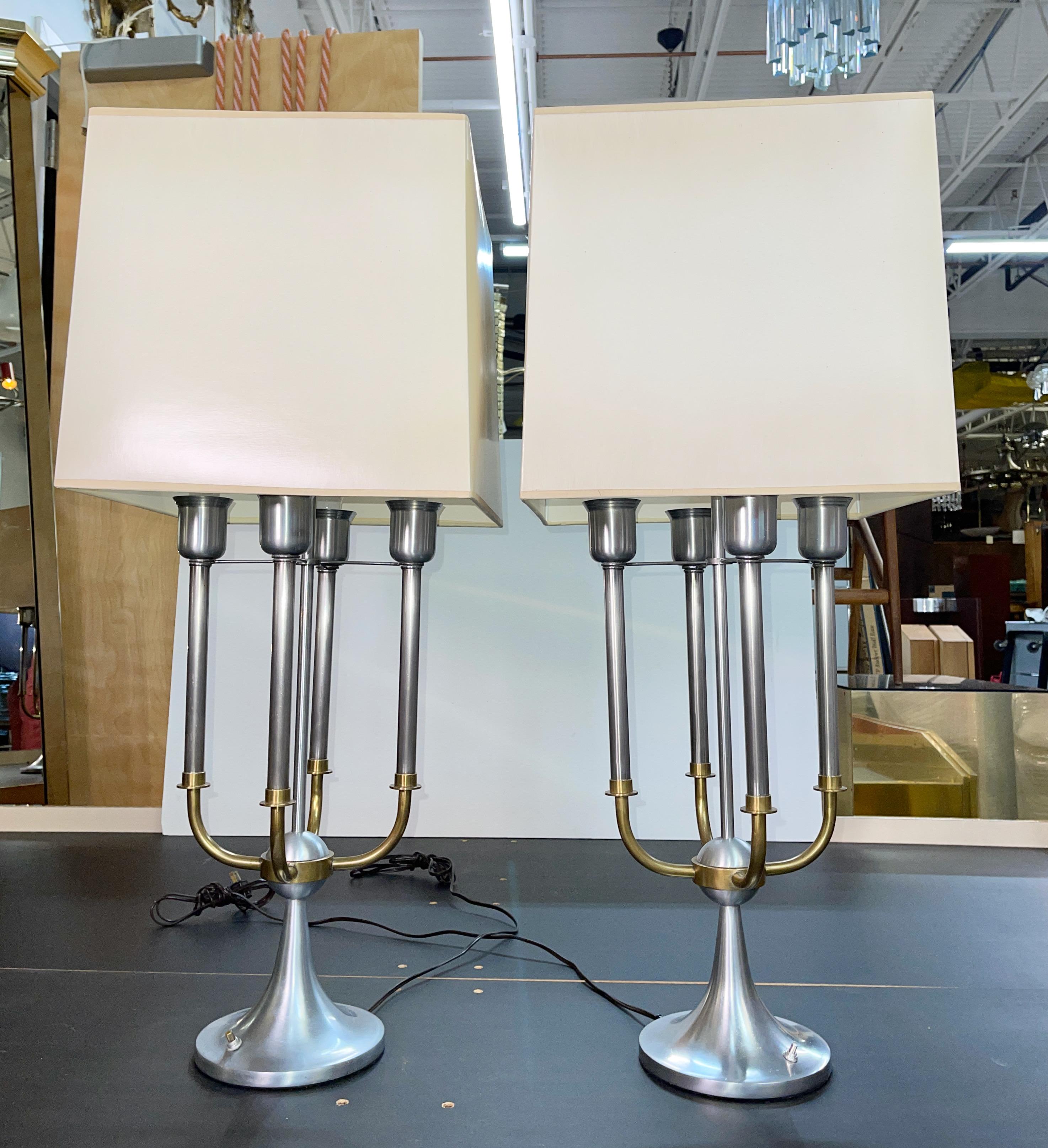Pair of Modernist Bouillotte Nickel & Brass Table Lamps For Sale 12
