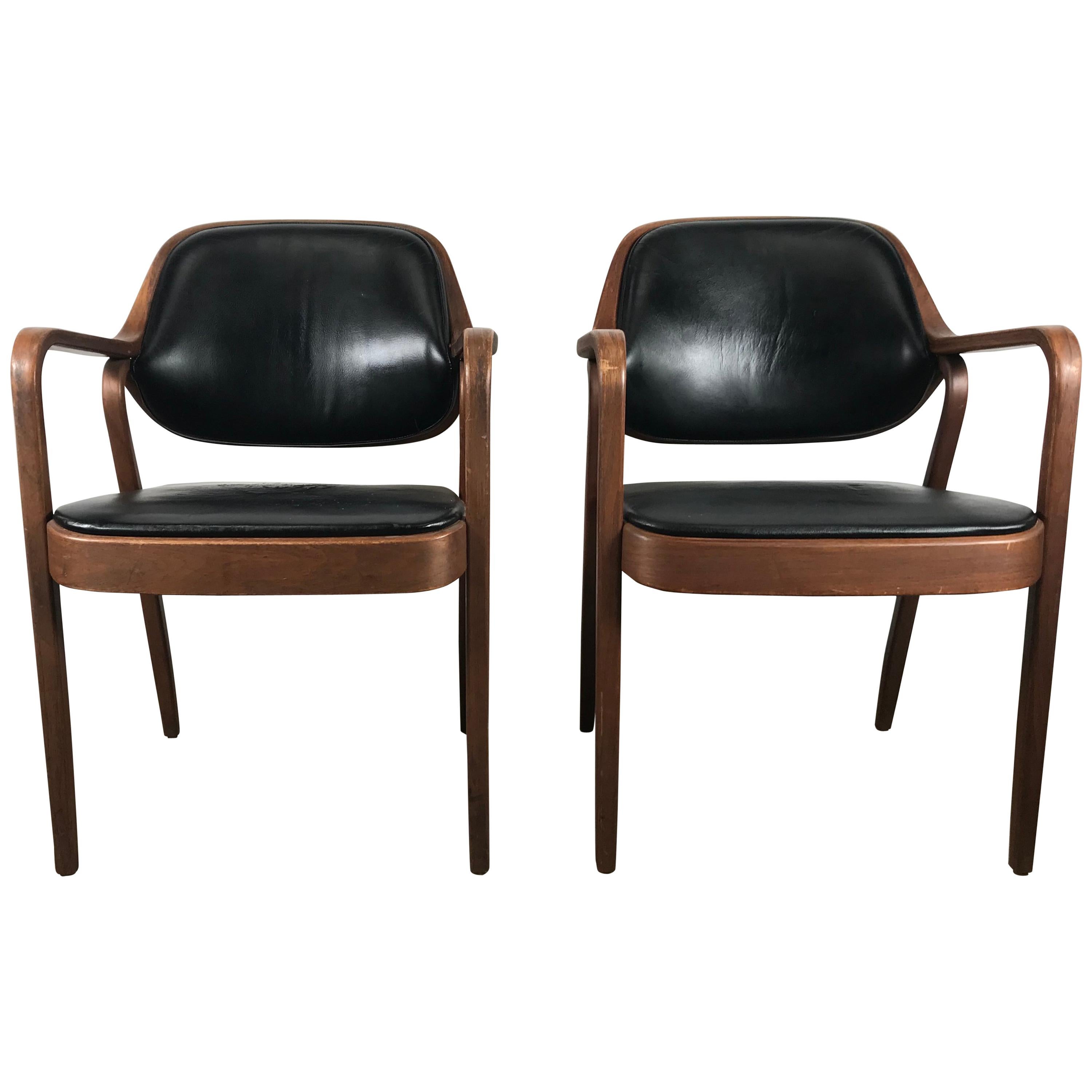 Pair of Modernist Bentwood Mahogany and Leather Chairs by Don Pettit for Knoll