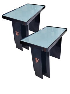 Pair of Modernist Black Acrylic Tables With Teal Glass Tops