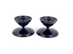 Pair of Modernist Black Lacquer Wood Midcentury Candleholders