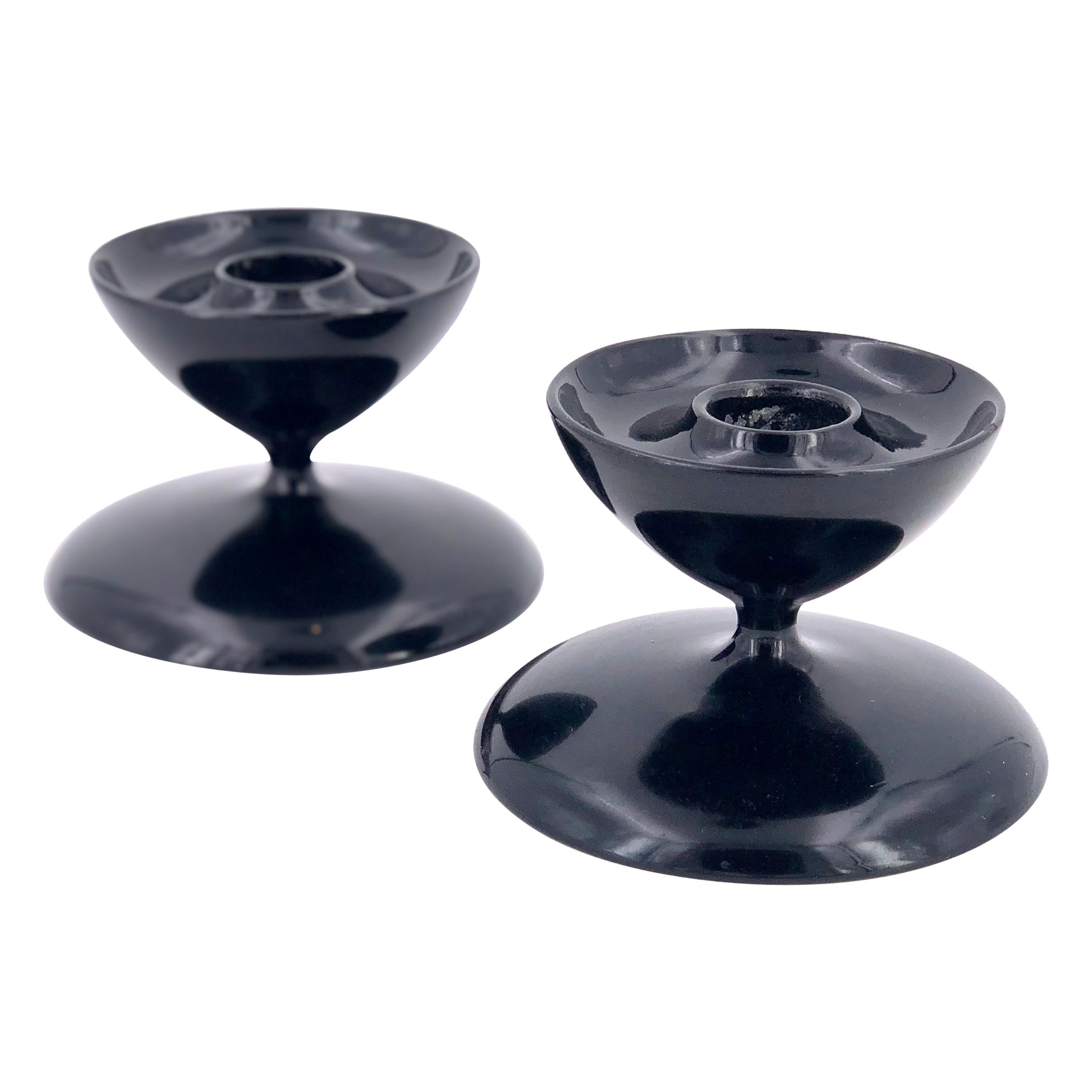 Pair of Modernist Black Lacquer Wood Midcentury Candleholders For Sale