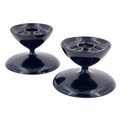 Vintage Pair of Modernist Black Lacquer Wood Midcentury Candleholders