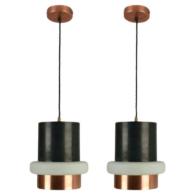 Pair of Modernist Black Metal, Copper and Glass Pendants by Philips 1960's For Sale