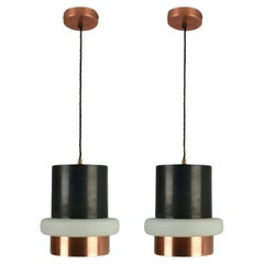 Vintage Pair of Modernist Black Metal, Copper and Glass Pendants by Philips 1960's