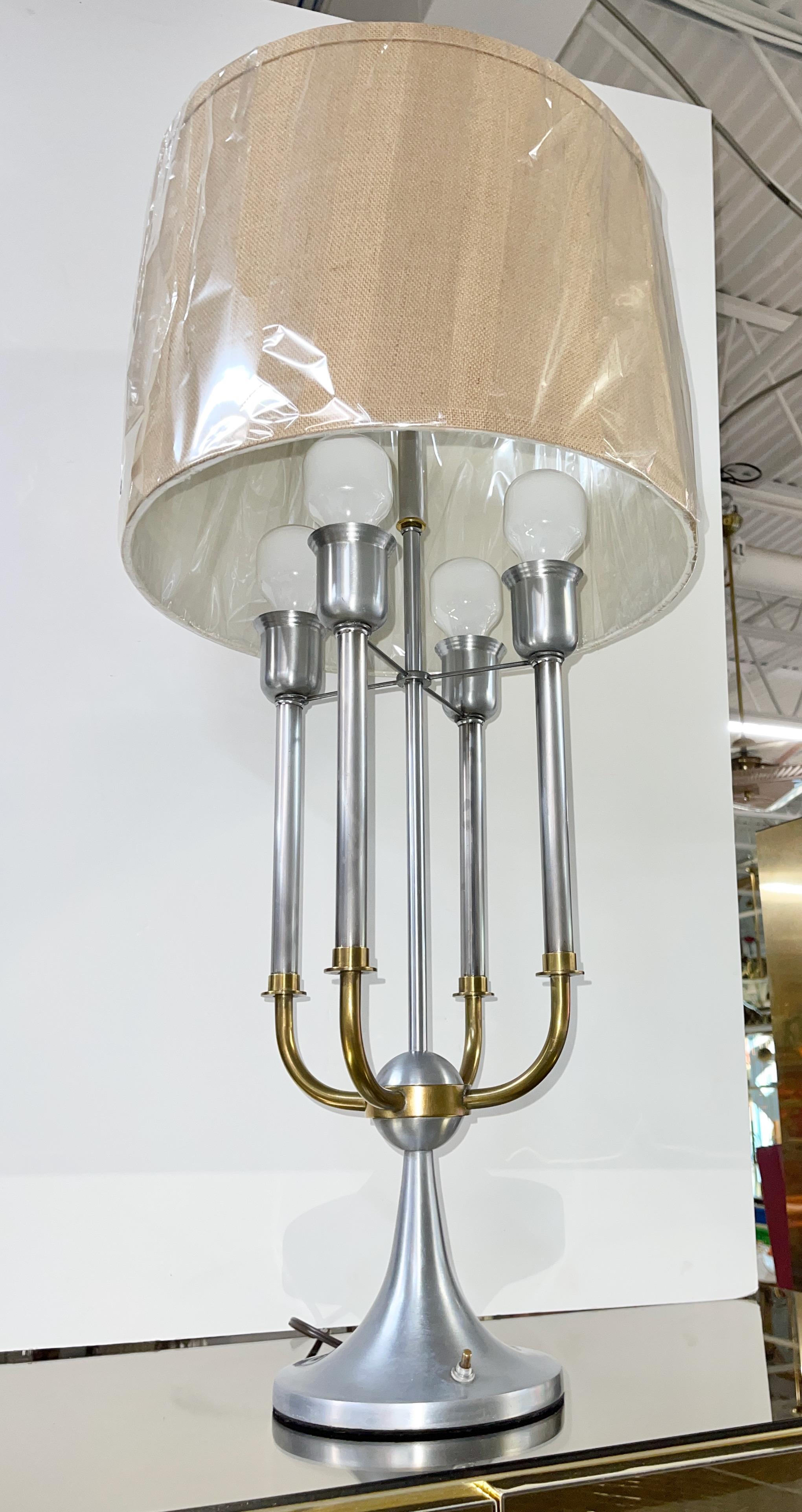 Pair of Modernist Bouillotte Nickel & Brass Table Lamps For Sale 4