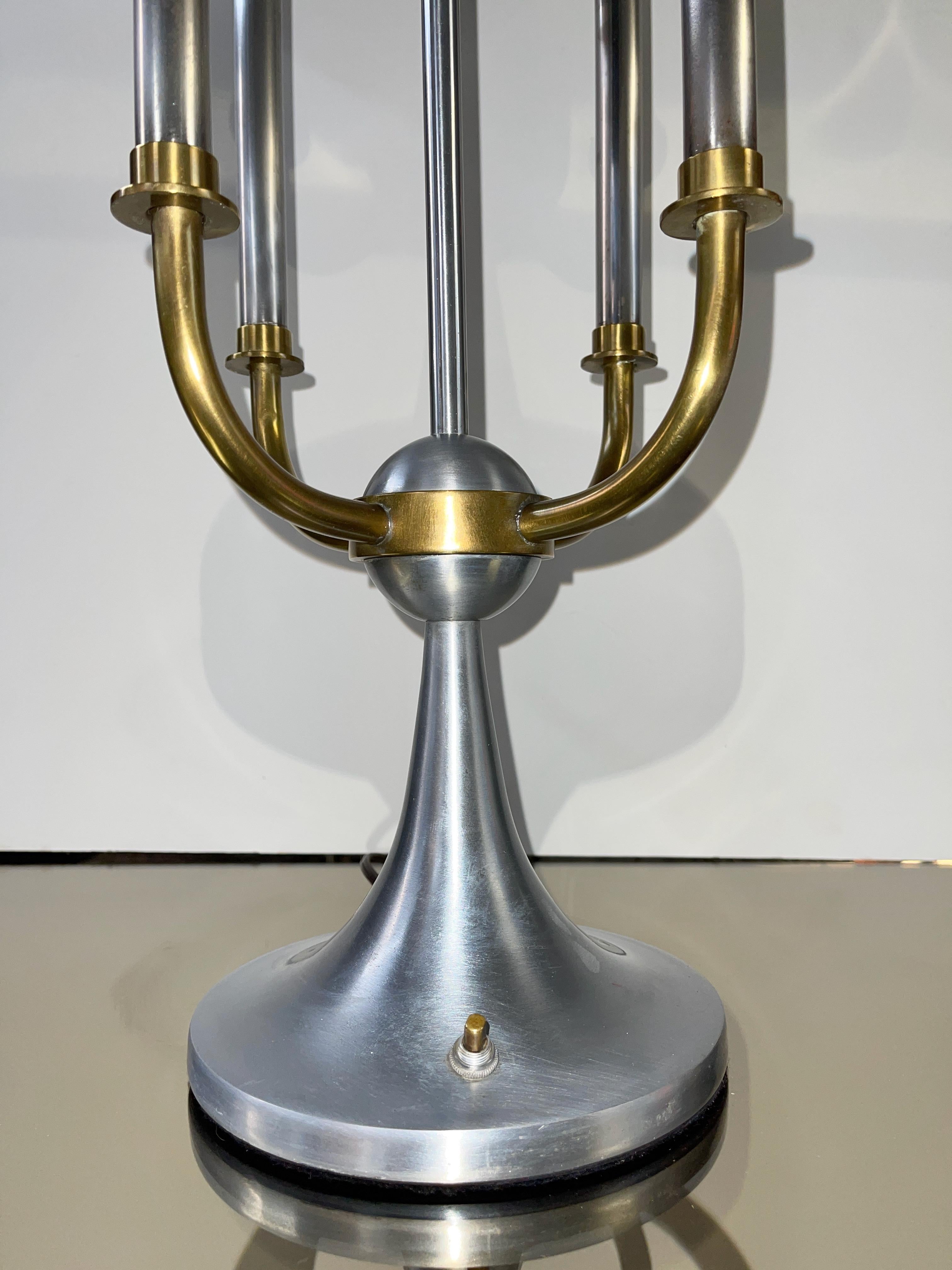 Pair of Modernist Bouillotte Nickel & Brass Table Lamps For Sale 5