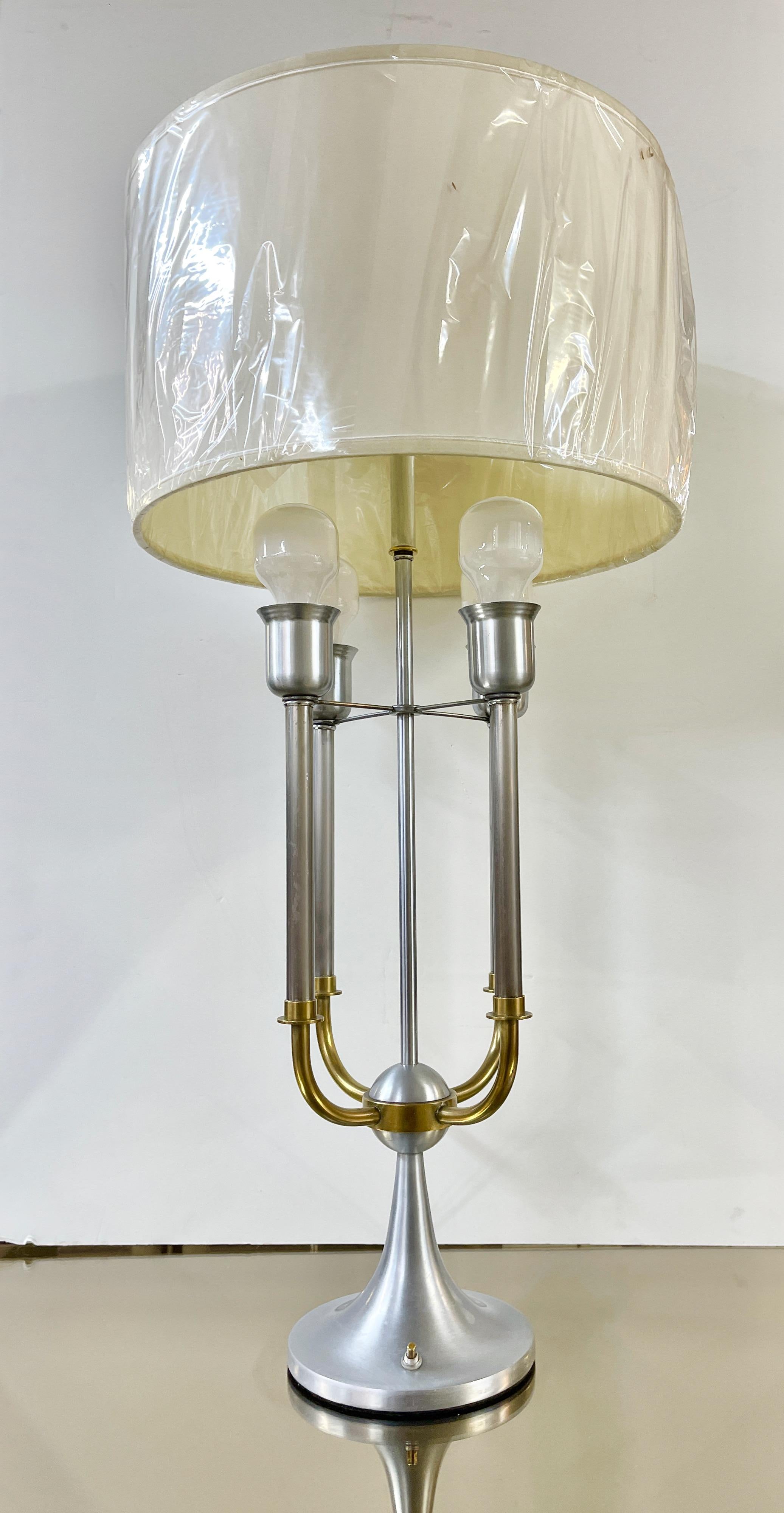 Pair of Modernist Bouillotte Nickel & Brass Table Lamps For Sale 6