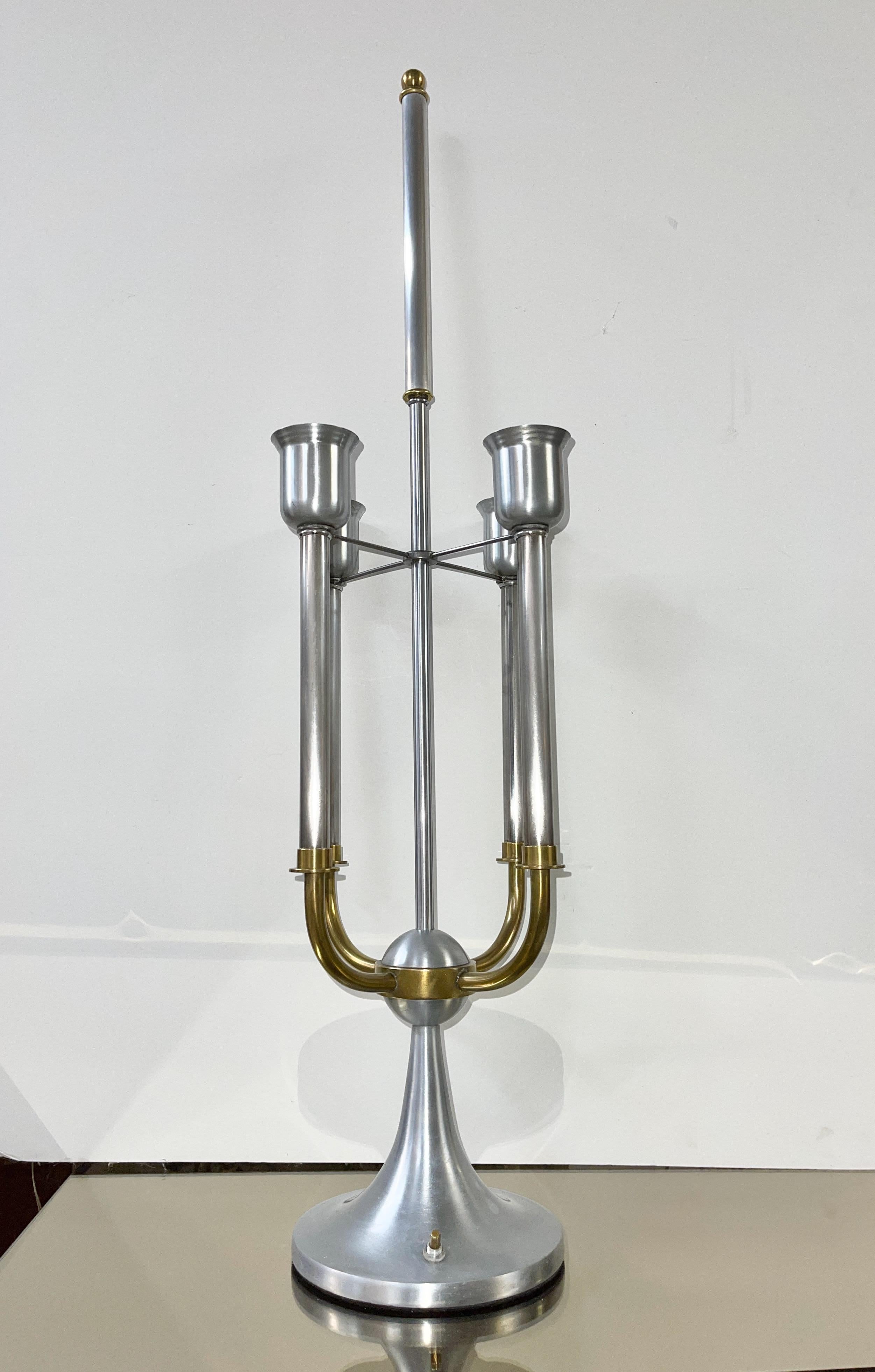 Pair of Modernist Bouillotte Nickel & Brass Table Lamps For Sale 8