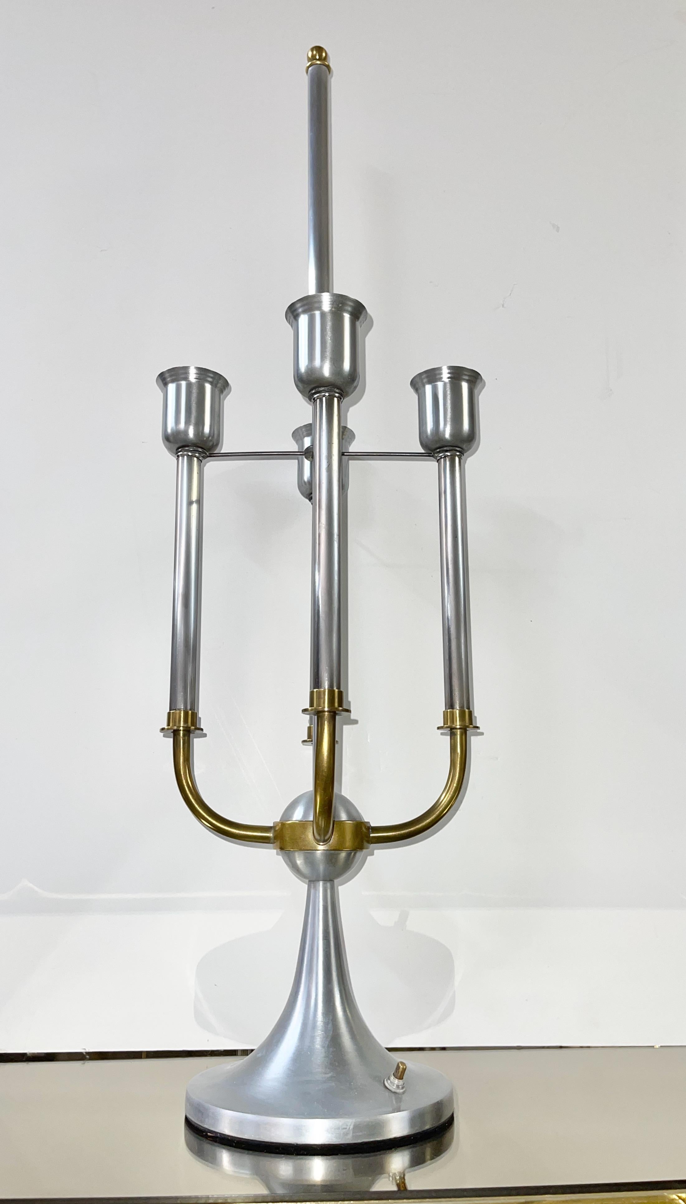 Pair of Modernist Bouillotte Nickel & Brass Table Lamps For Sale 9