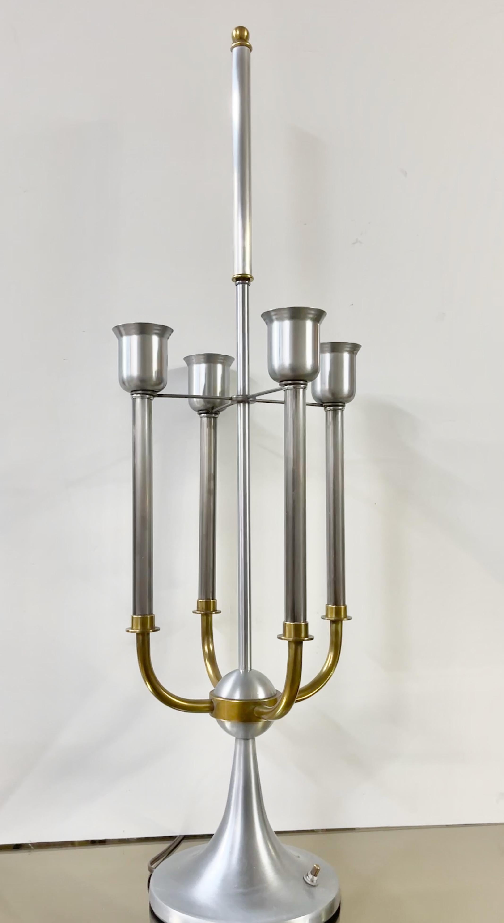 Pair of Modernist Bouillotte Nickel & Brass Table Lamps For Sale 10