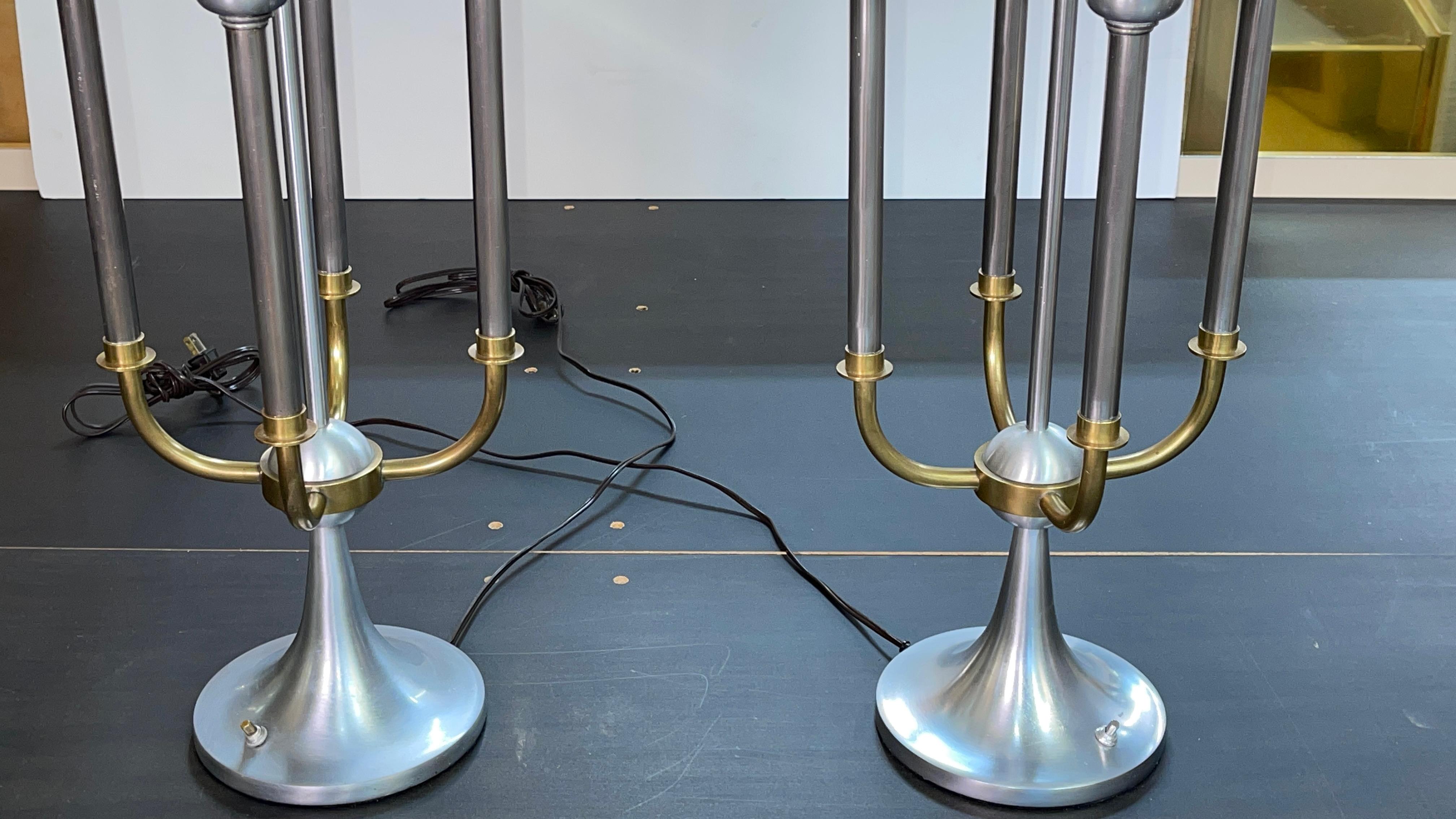 Pair of Modernist Bouillotte Nickel & Brass Table Lamps For Sale 14