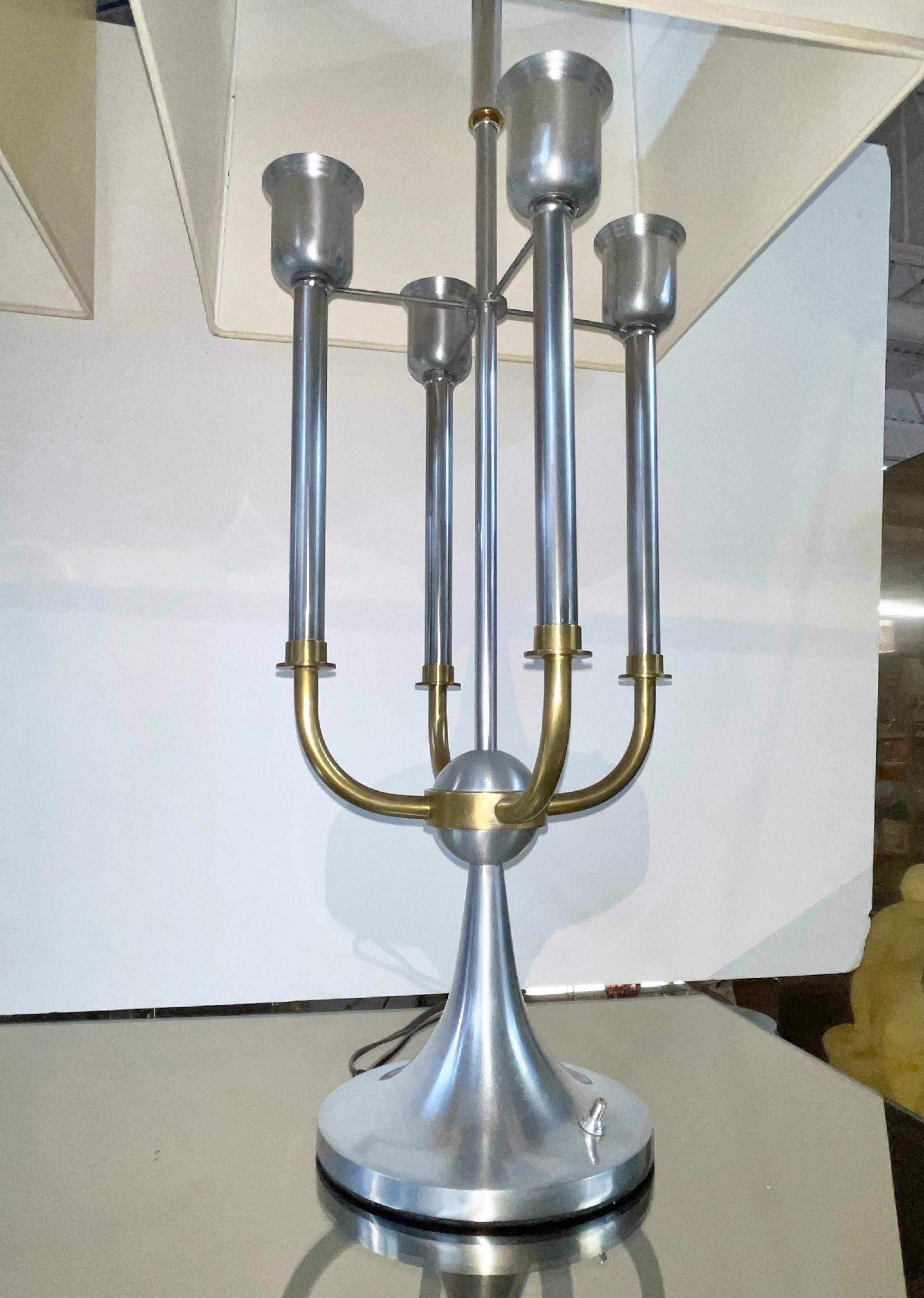 Mid-Century Modern Pair of Modernist Bouillotte Nickel & Brass Table Lamps For Sale